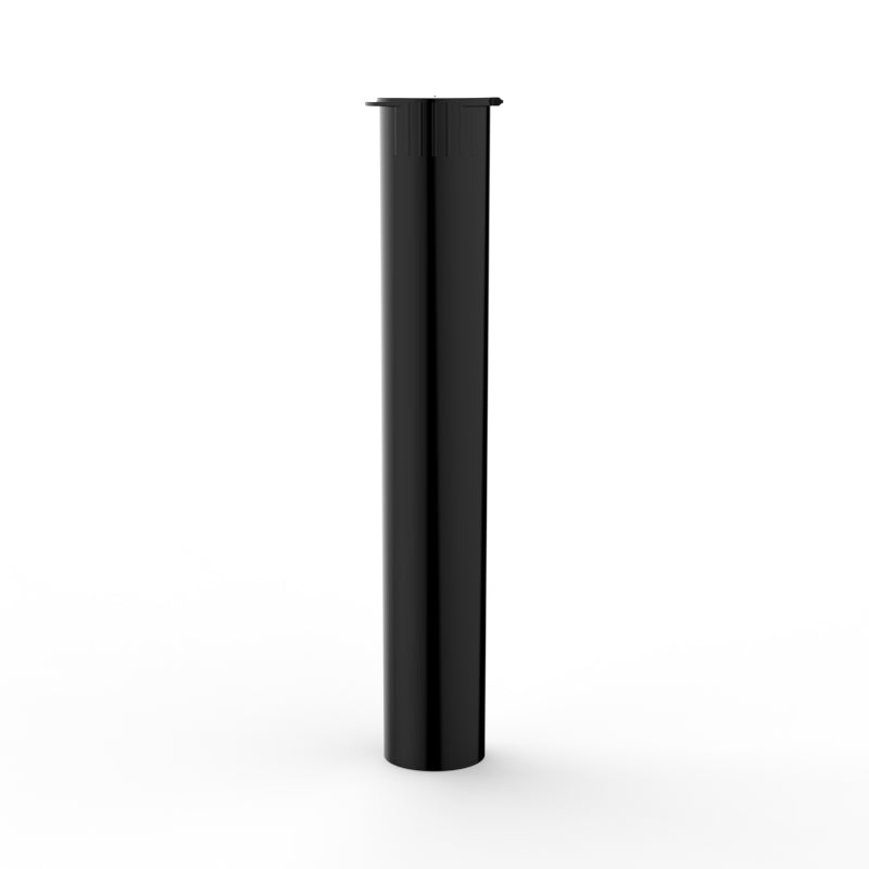 Black Pop Top 116mm Pre-Roll Tube with a sleek, cylindrical design. The tube is shown standing upright with a secure, child-resistant pop-top closure at the top