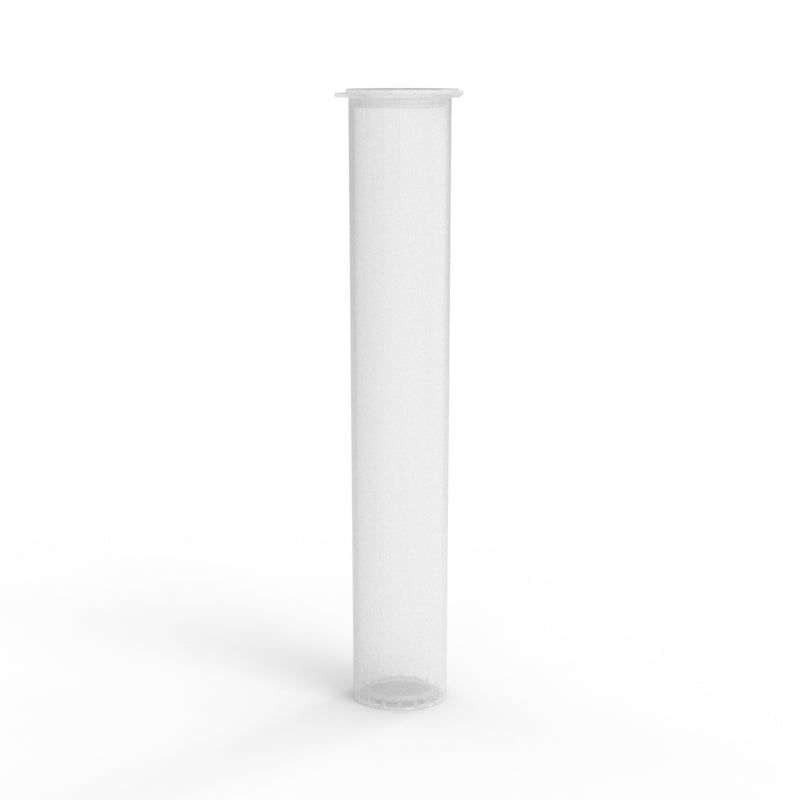 Clear Pop Top 116mm Pre-Roll Tube with a sleek, cylindrical design. The tube is shown standing upright with a secure, child-resistant pop-top closure at the top