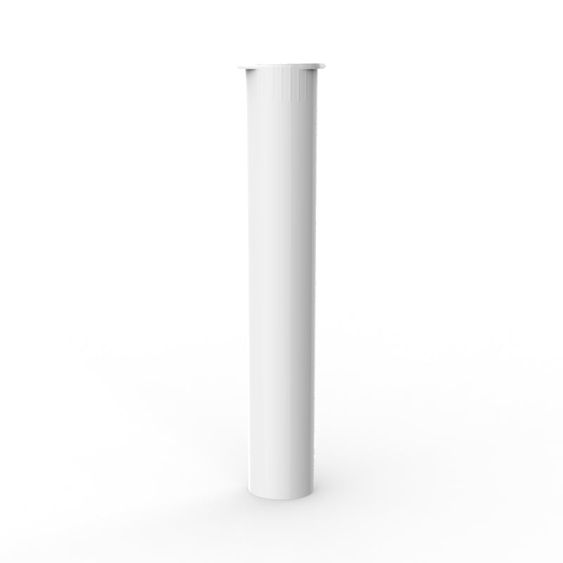 White Pop Top 116mm Pre-Roll Tube with a sleek, cylindrical design. The tube is shown standing upright with a secure, child-resistant pop-top closure at the top