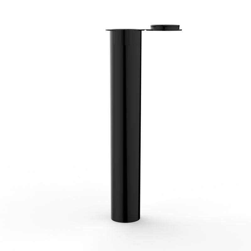 Black Pop Top 116mm Pre-Roll Tube with a sleek, cylindrical design. The tube is shown standing upright with its pop-top closure in an open position