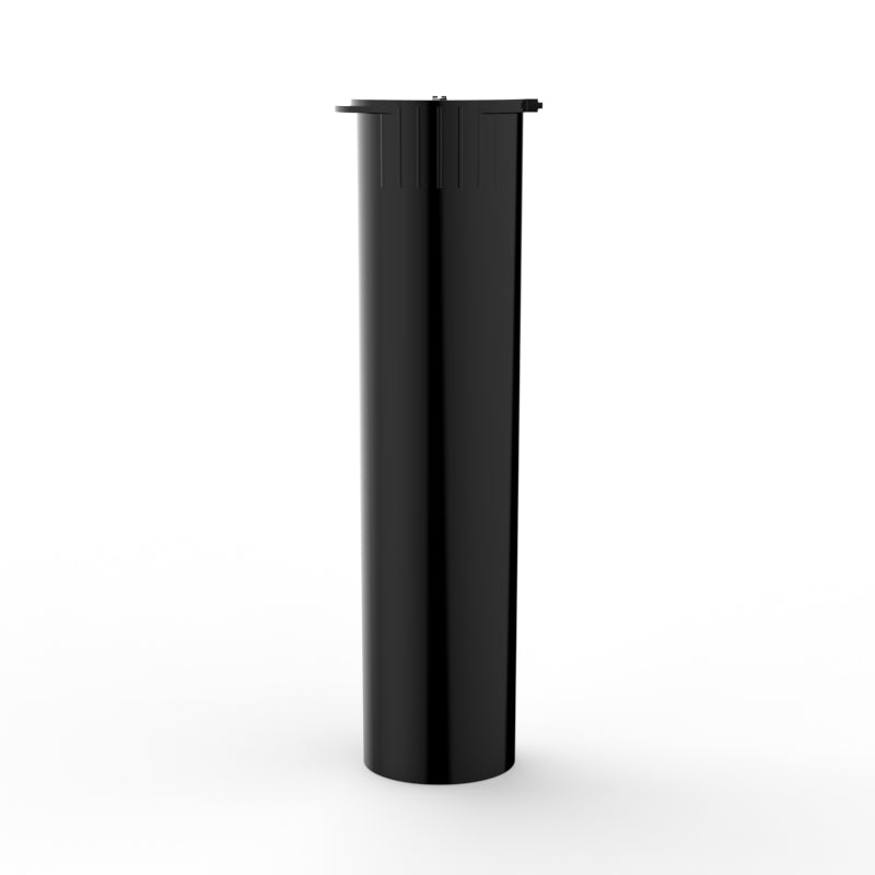 Black Pop Top 78mm Vape Tube with a slim, cylindrical design. The tube is shown upright with a secure, child-resistant pop-top closure, designed for safely storing vape cartridges or pre-rolls.