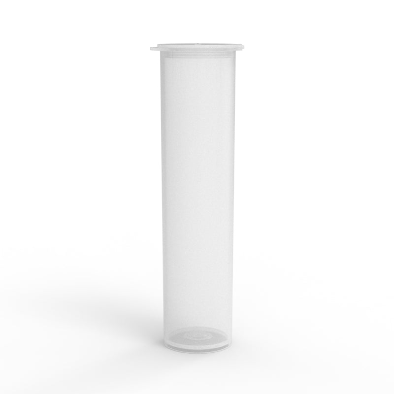 Clear or natural Pop Top 78mm Vape Tube with a slim, cylindrical design. The tube is shown upright with a secure, child-resistant pop-top closure, designed for safely storing vape cartridges or pre-rolls.