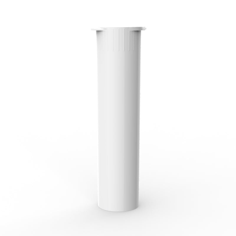 White Pop Top 78mm Vape Tube with a slim, cylindrical design. The tube is shown upright with a secure, child-resistant pop-top closure, designed for safely storing vape cartridges or pre-rolls.