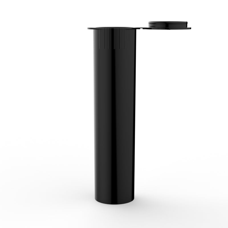 Black Pop Top 78mm Vape Tube with a slim, cylindrical design. The tube is shown upright with an opened, child-resistant pop-top closure, designed for safely storing vape cartridges or pre-rolls.