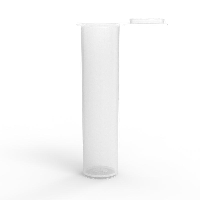 Clear or natural Pop Top 78mm Vape Tube with a slim, cylindrical design. The tube is shown upright with an opened, child-resistant pop-top closure, designed for safely storing vape cartridges or pre-rolls.