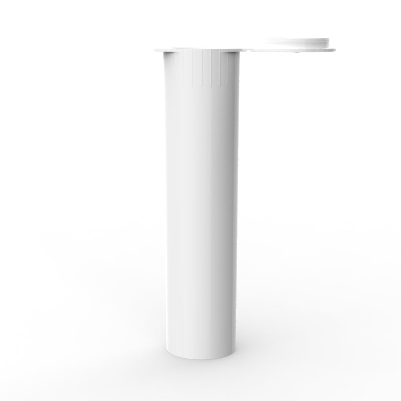 White Pop Top 78mm Vape Tube with a slim, cylindrical design. The tube is shown upright with an opened, child-resistant pop-top closure, designed for safely storing vape cartridges or pre-rolls.