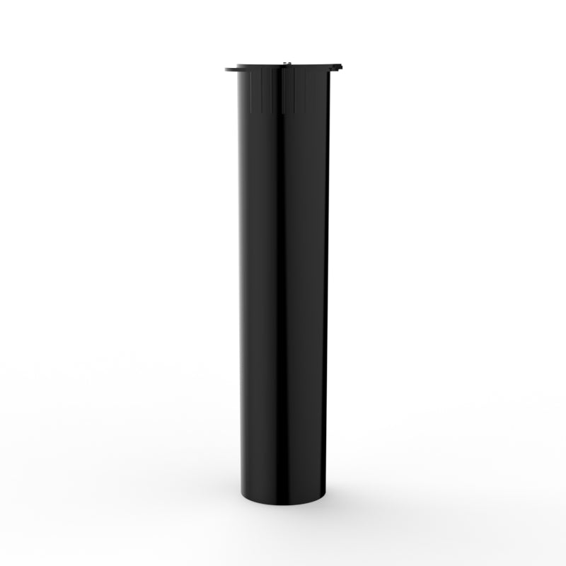 Black Pop Top 90mm Pre-Roll Tube with a sleek, cylindrical design. The tube is shown standing upright with a secure, child-resistant pop-top closure at the top