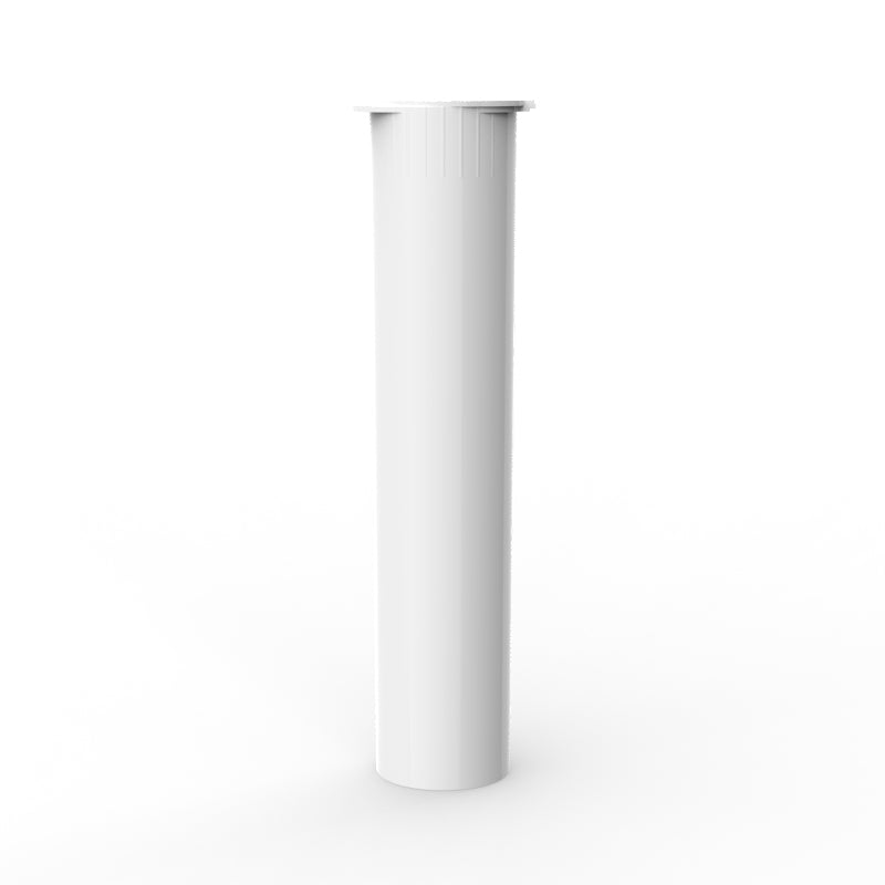 White Pop Top 90mm Pre-Roll Tube with a sleek, cylindrical design. The tube is shown standing upright with a secure, child-resistant pop-top closure at the top