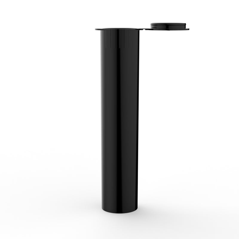 Black Pop Top 90mm Pre-Roll Tube with a sleek, cylindrical design. The tube is shown standing upright with its pop-top closure in an open position