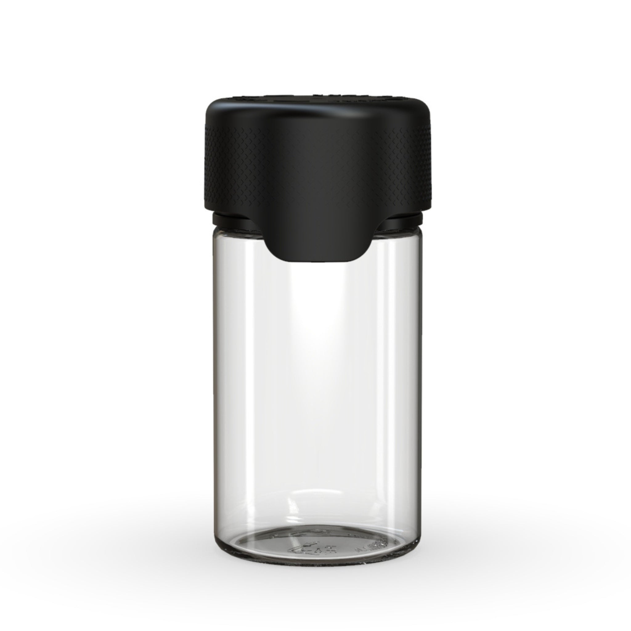 A front view of the Chubby Gorilla Aviator Mini 60mL Multi-Pack Pre-Roll Jar in transparent, featuring a black child-resistant cap with a textured grip for secure sealing.