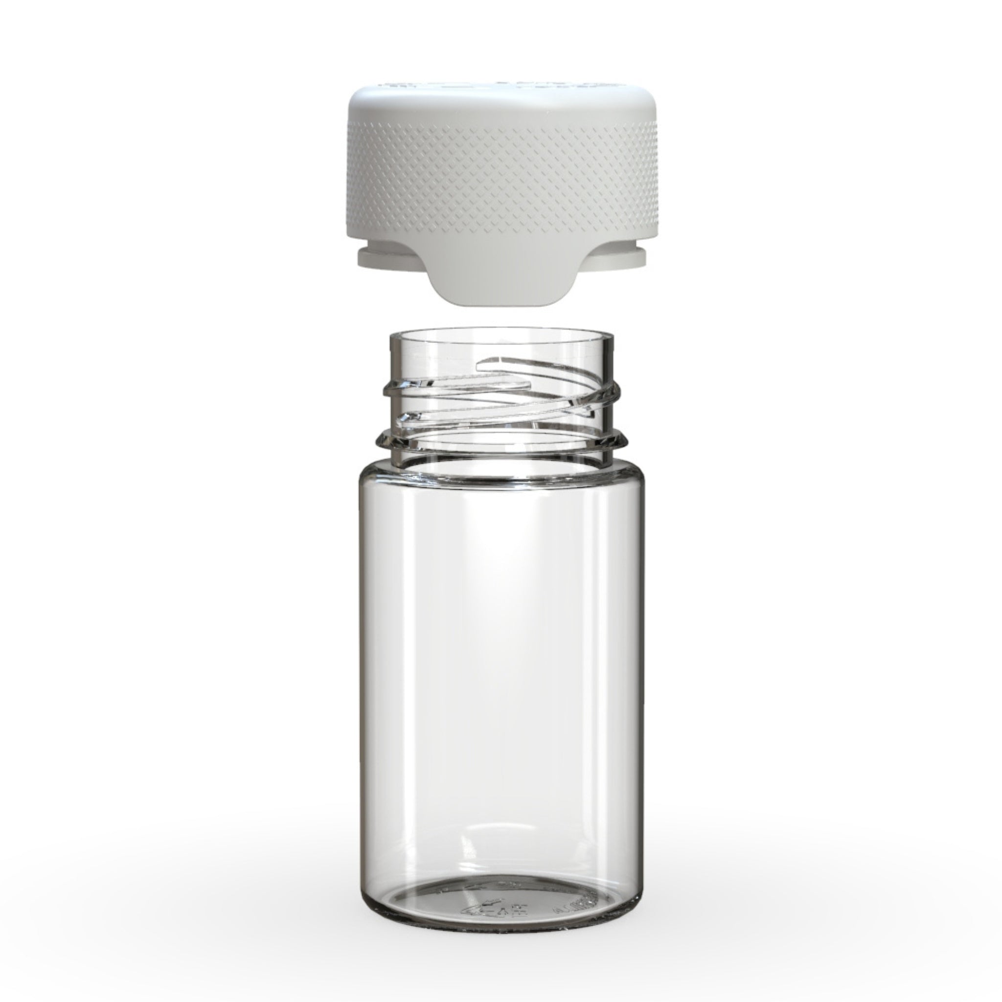 A rendering of the Chubby Gorilla Aviator Mini 60mL Multi-Pack Pre-Roll transparent Jar with its white child-resistant cap shown above the open jar, highlighting the twist-lock mechanism.