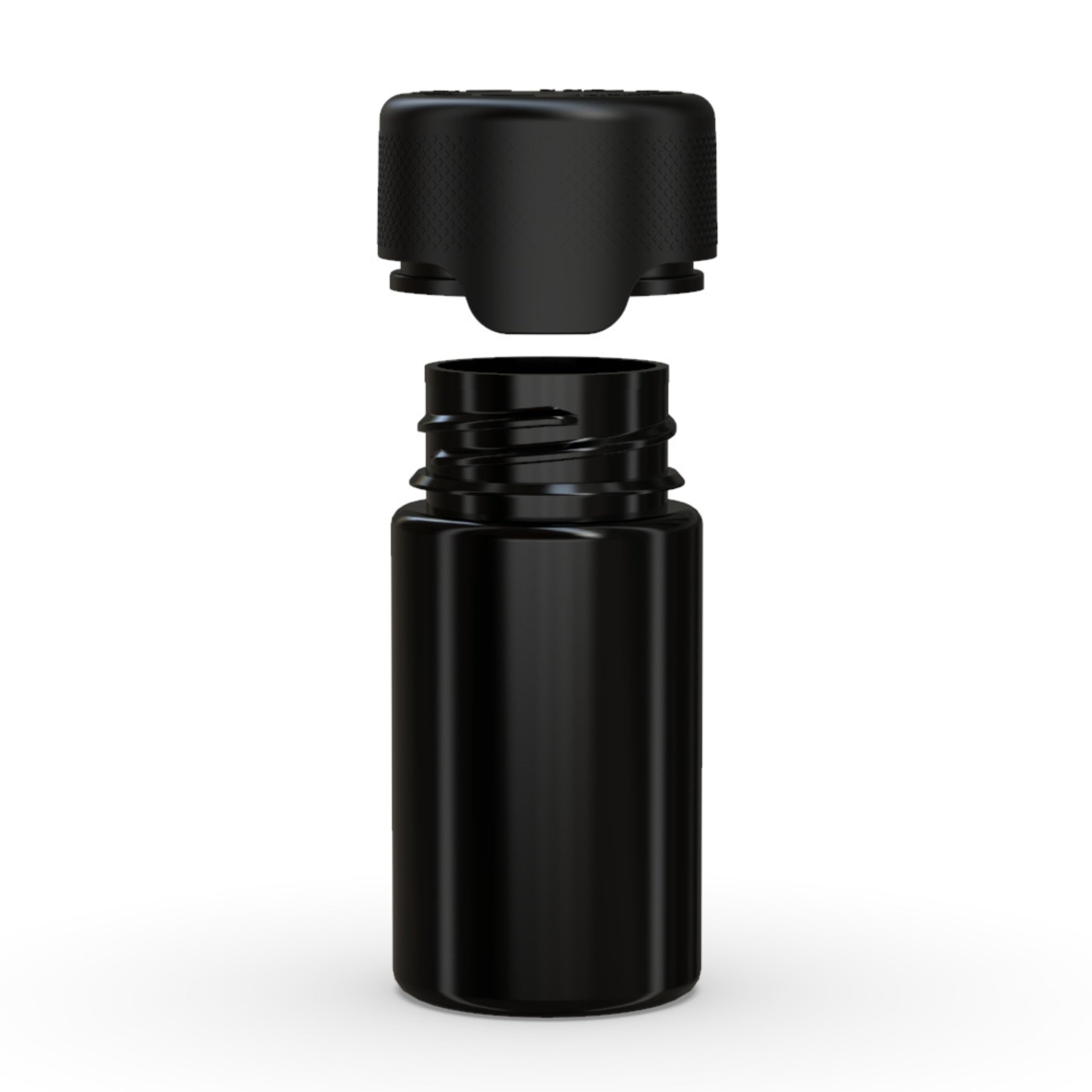 A rendering of the Chubby Gorilla Aviator Mini 60mL Multi-Pack Pre-Roll opaque black Jar with its black child-resistant cap shown above the open jar, highlighting the twist-lock mechanism.