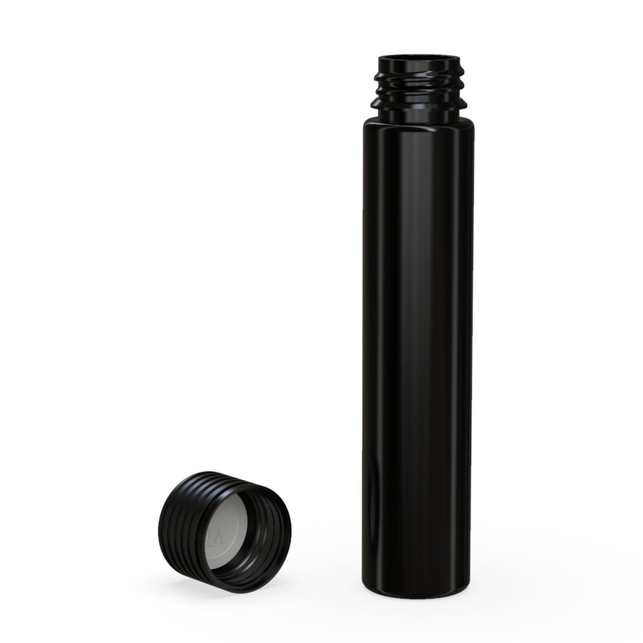 A front view of the Chubby Gorilla Spiral 115mm Pre-Roll Tube in opaque black, featuring a child-resistant cap off and to the side