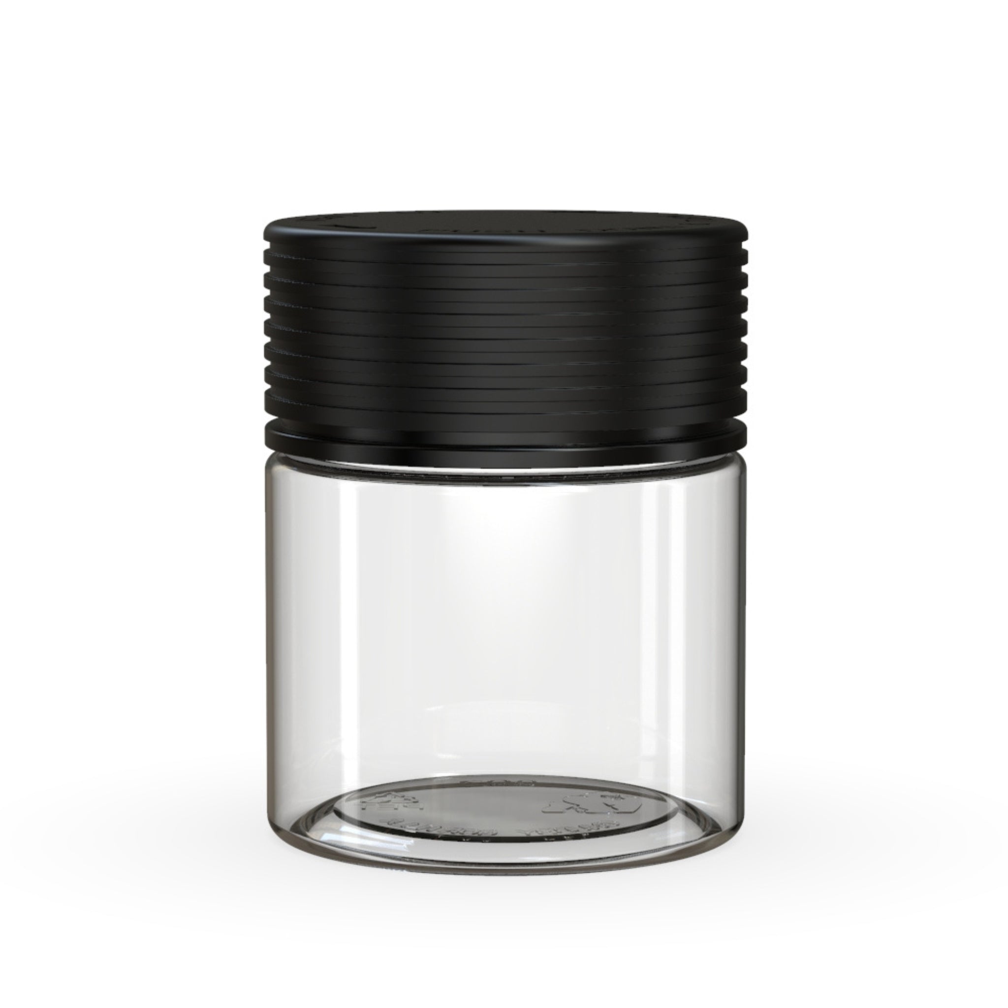 Front view render of a clear-on-black Chubby Gorilla Spiral 3oz flower jar, with an all-in-one smart cap.