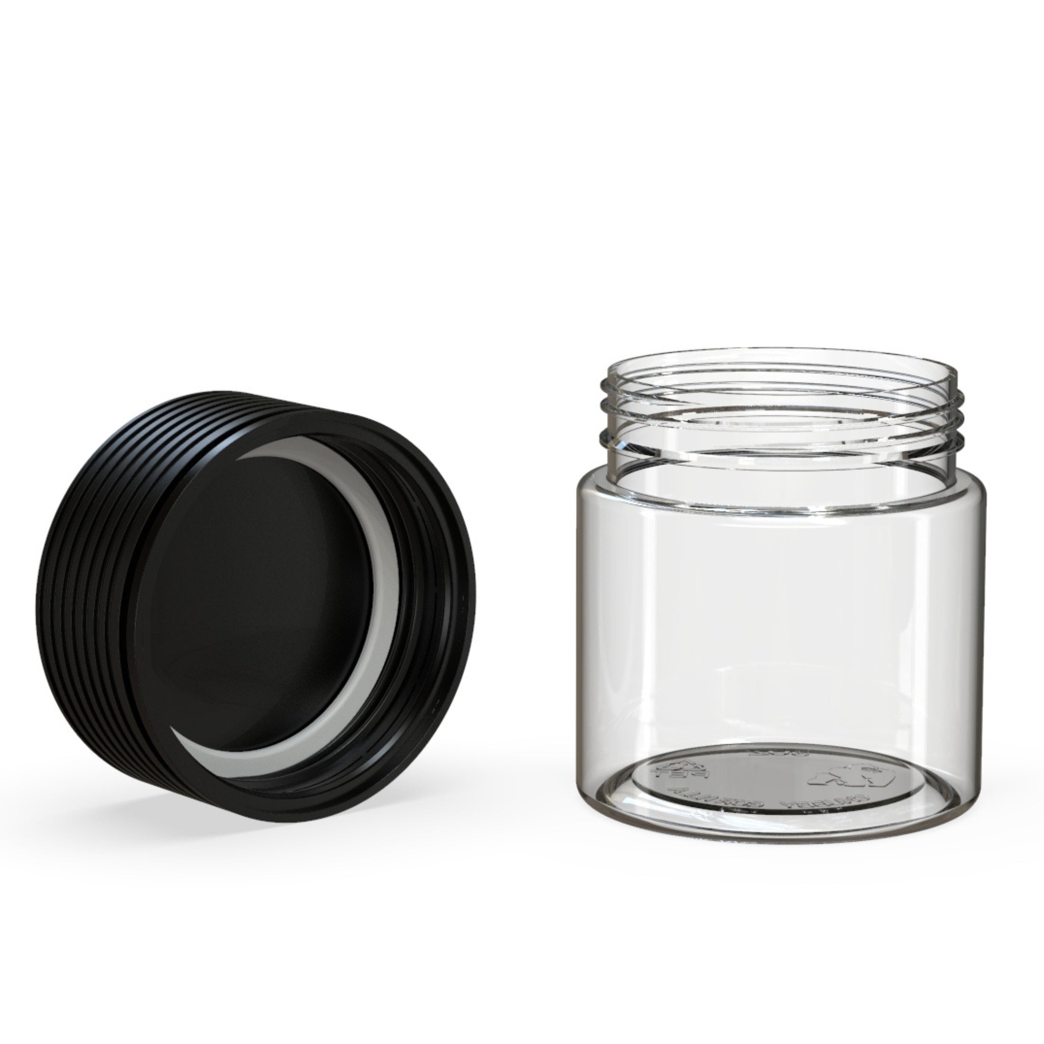 Front view render of a clear-on-black Chubby Gorilla Spiral 3oz flower jar. The jar's cap is off to the side at an angle, showing the gapless surface seal that locks in freshness and oder.