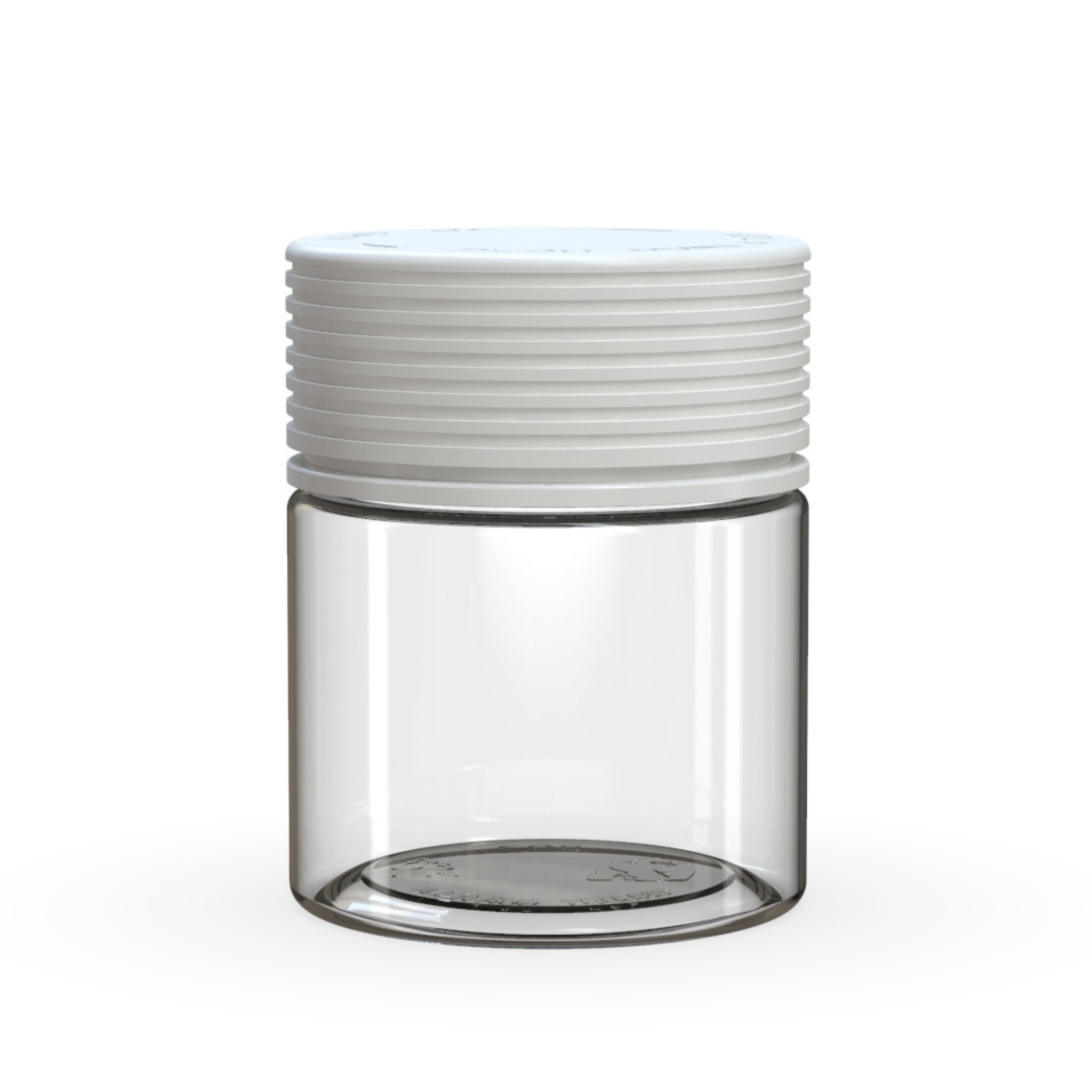 Front view render of a clear on white Chubby Gorilla Spiral 3oz flower jar, with an all-in-one smart cap.