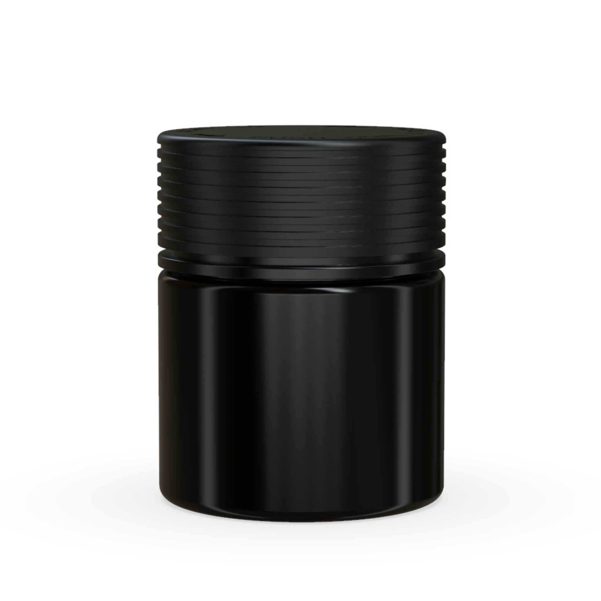 Front view render of a black Chubby Gorilla Spiral 3oz flower jar, with an all-in-one smart cap.