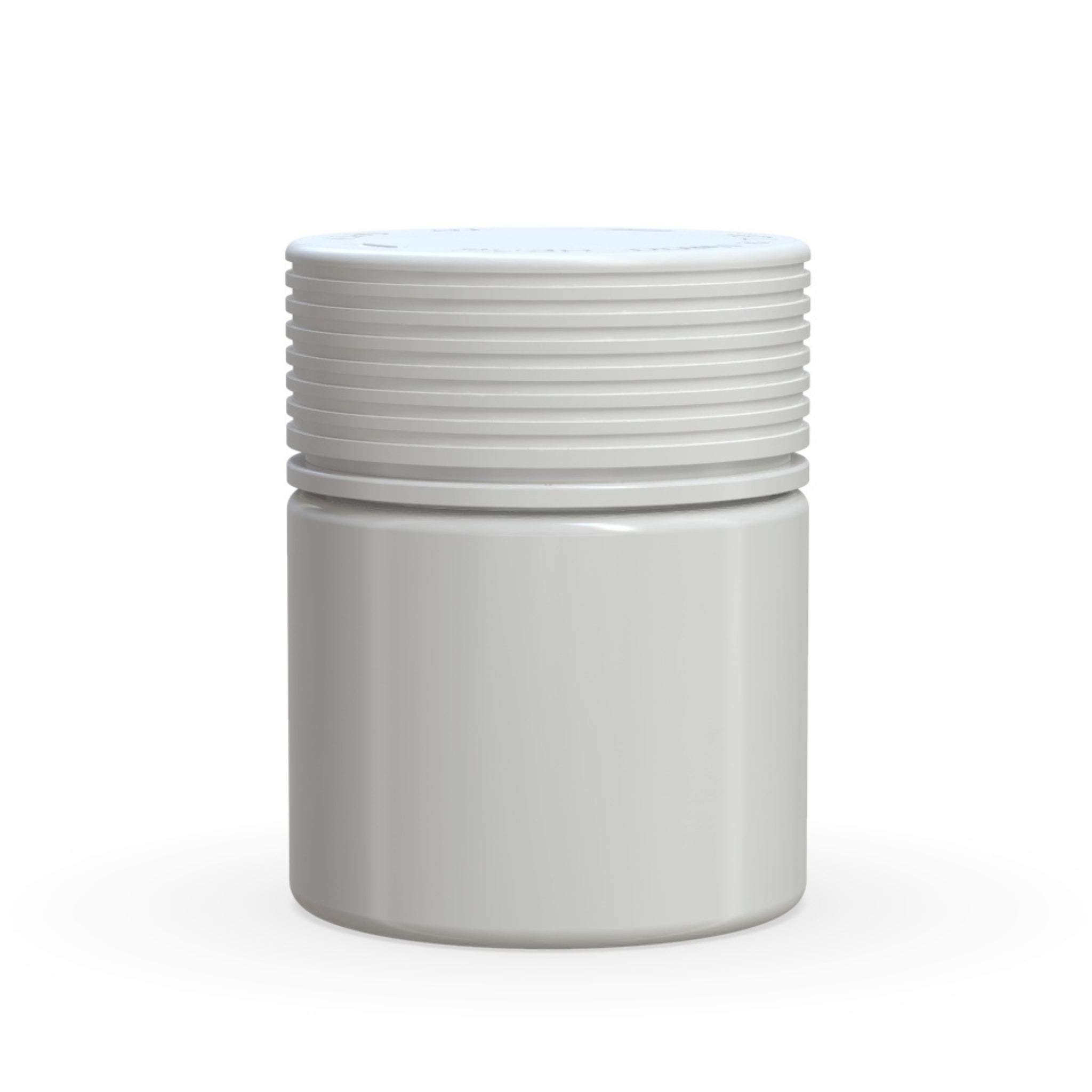 Front view render of a white Chubby Gorilla Spiral 3oz flower jar, with an all-in-one smart cap.