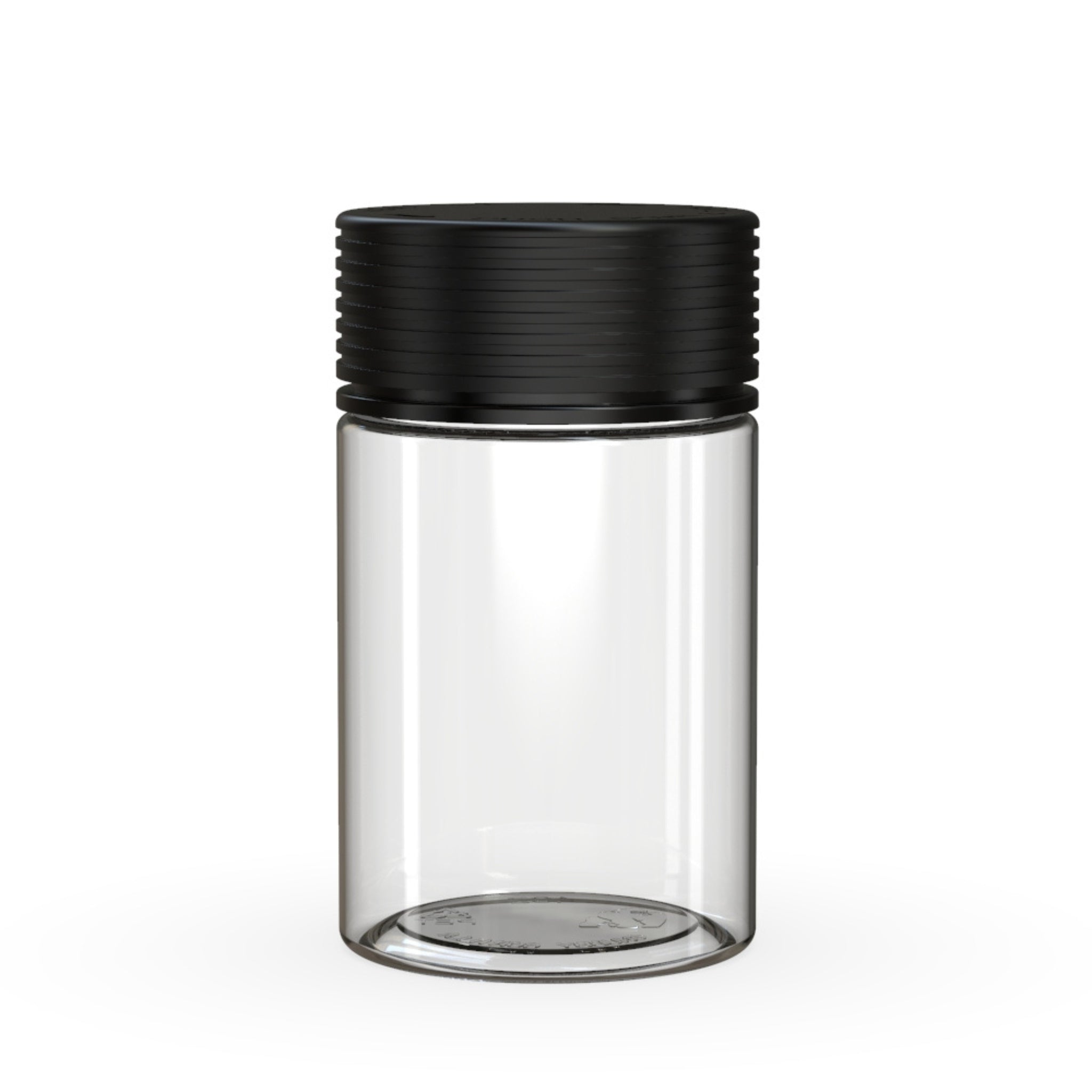 Front view render of a clear-on-black Chubby Gorilla Spiral 5oz flower jar, with an all-in-one smart cap.