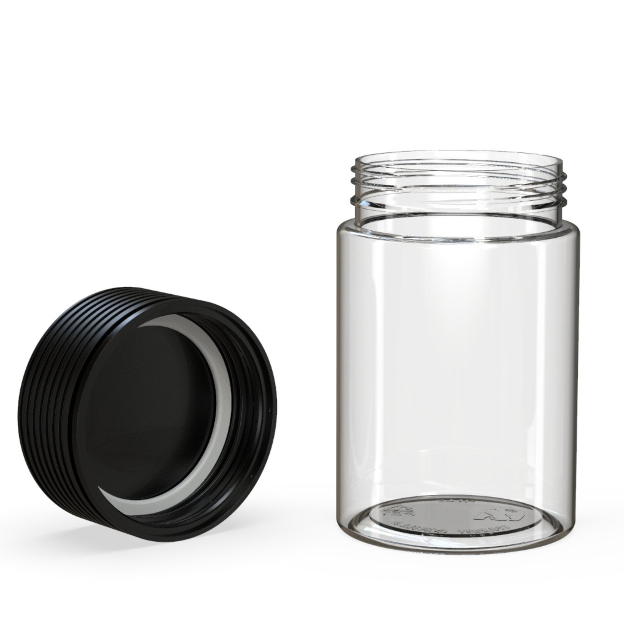 Front view render of a clear-on-black Chubby Gorilla Spiral 5oz flower jar. The jar's cap is off to the side at an angle, showing the gapless surface seal that locks in freshness and oder.