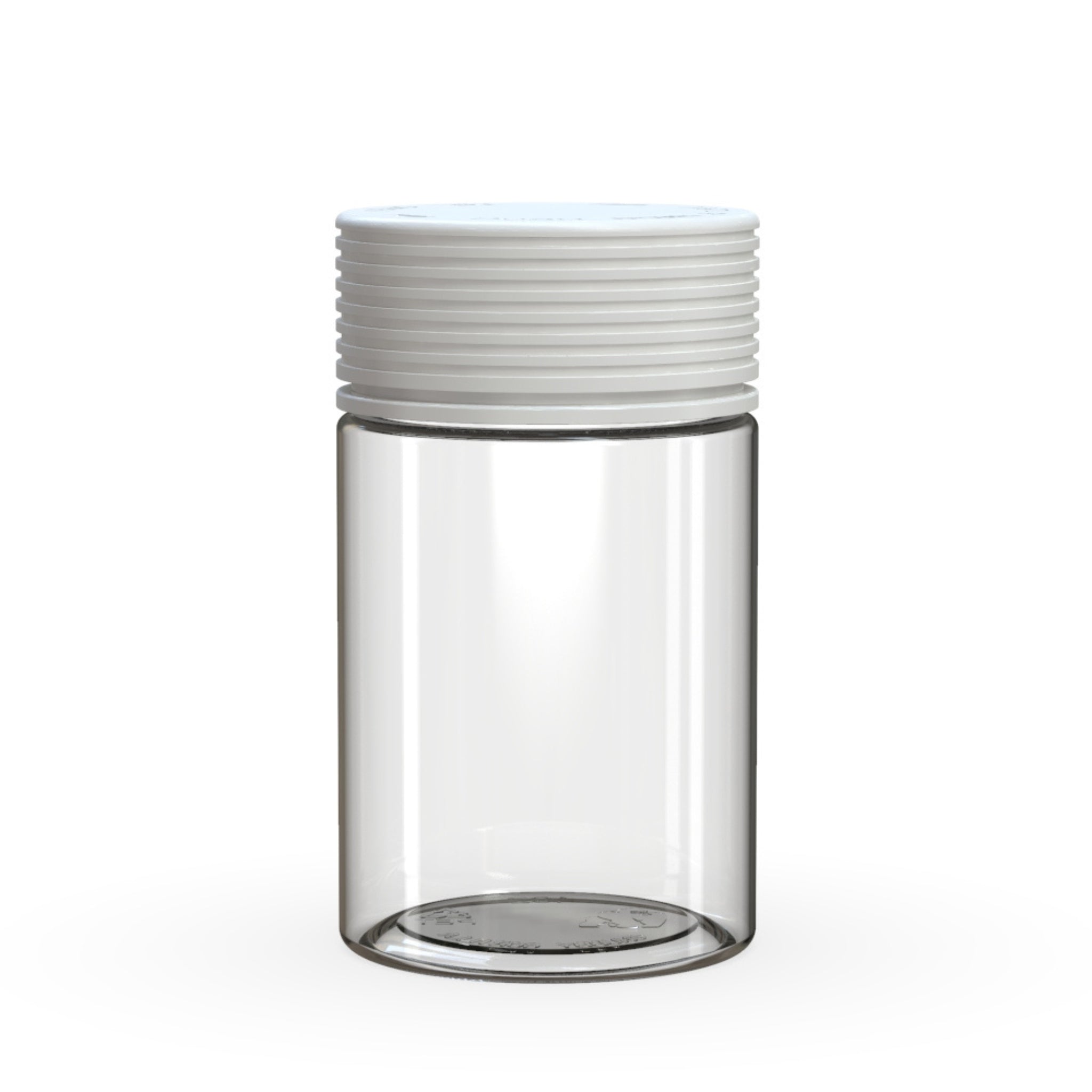 Front view render of a clear on white Chubby Gorilla Spiral 5oz flower jar, with an all-in-one smart cap.