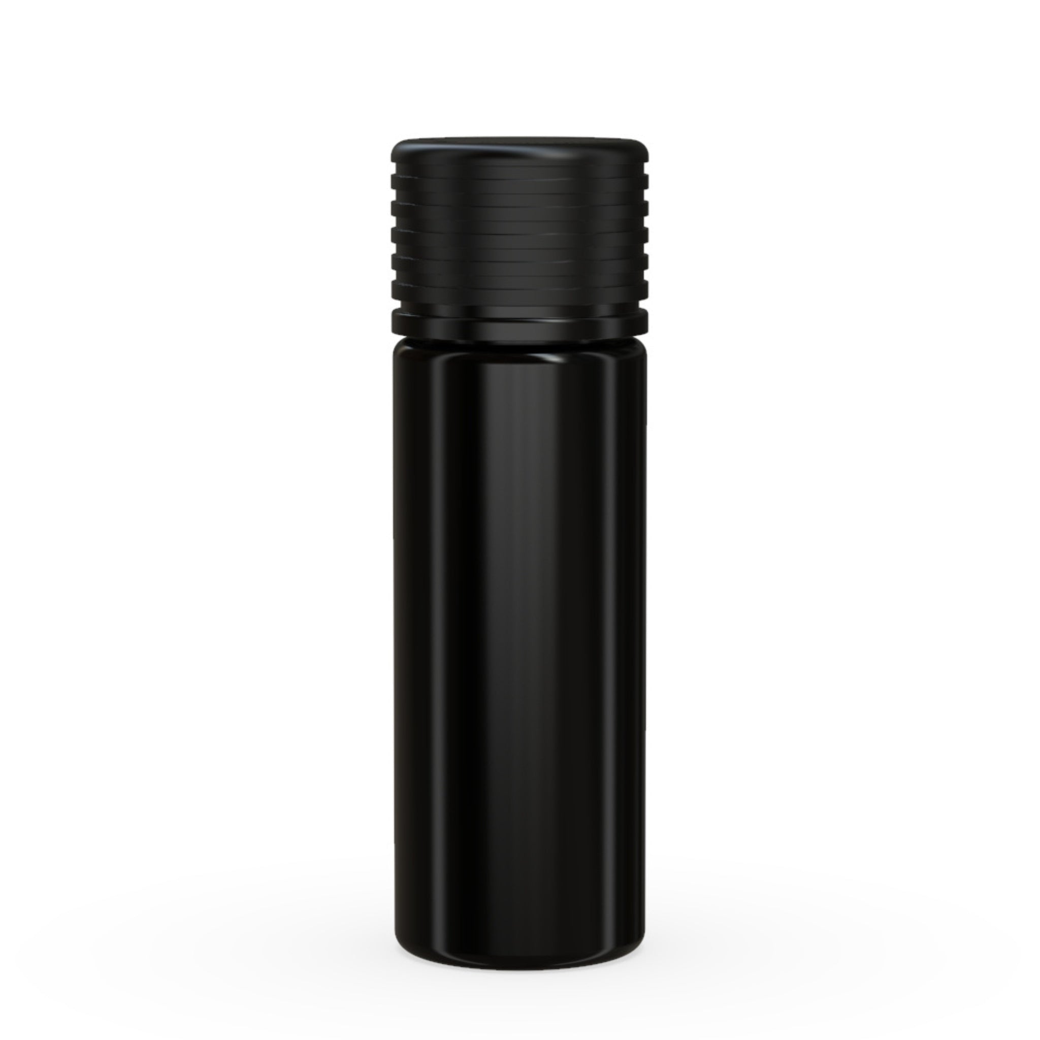 A front view of the Chubby Gorilla Spiral 65mm Pre-Roll Tube in opaque black, featuring a child-resistant cap with a textured grip for secure sealing.