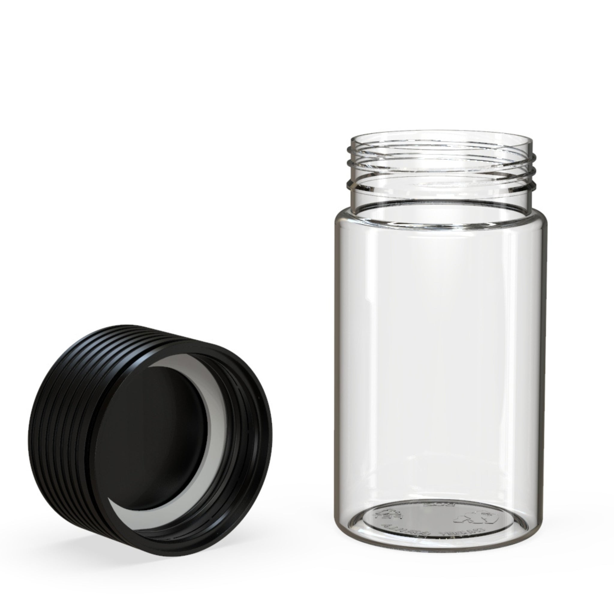 A rendering of the Chubby Gorilla Spiral Mini 60mL Multi-Pack Pre-Roll transparent Jar with its black child-resistant cap shown above the open jar, highlighting the twist-lock mechanism.