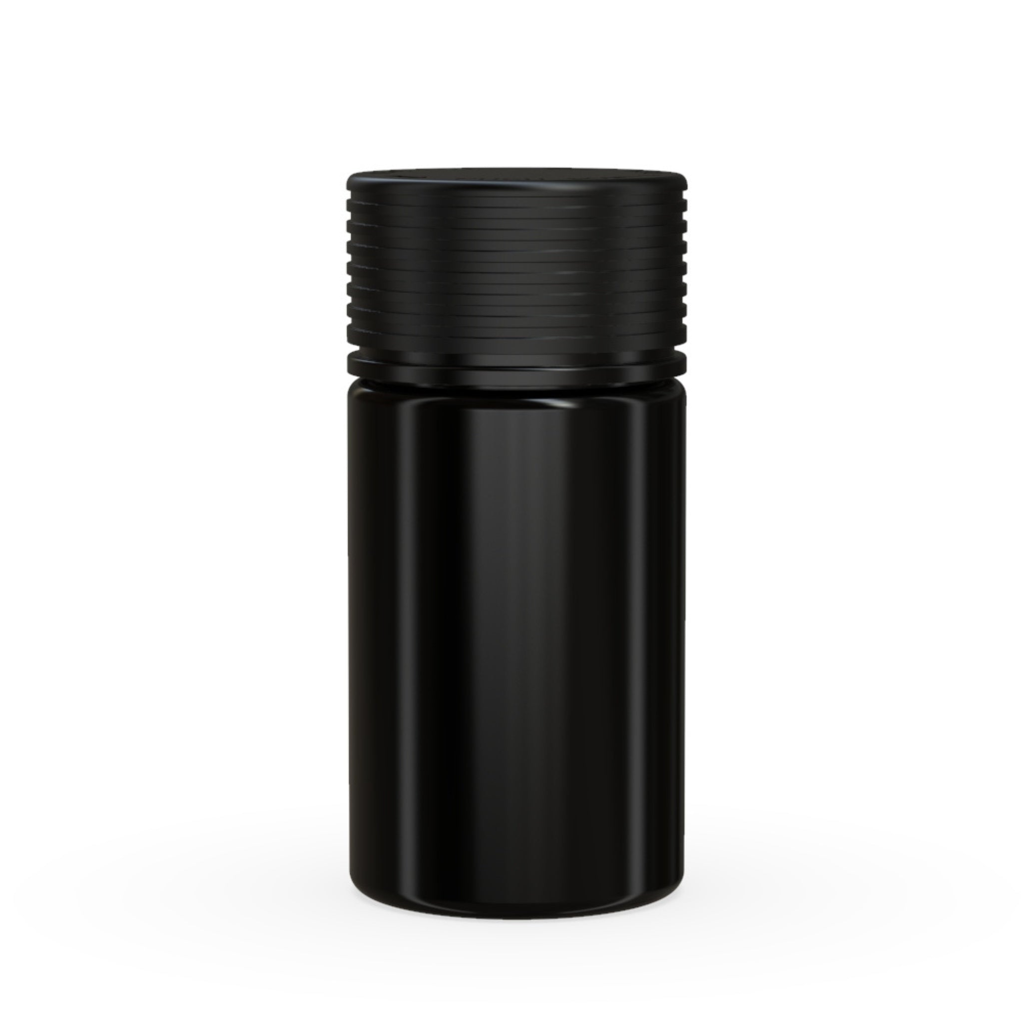 A front view of the Chubby Gorilla Spiral Mini 60mL Multi-Pack Pre-Roll Jar in opaque black, featuring a child-resistant cap with a textured grip for secure sealing.