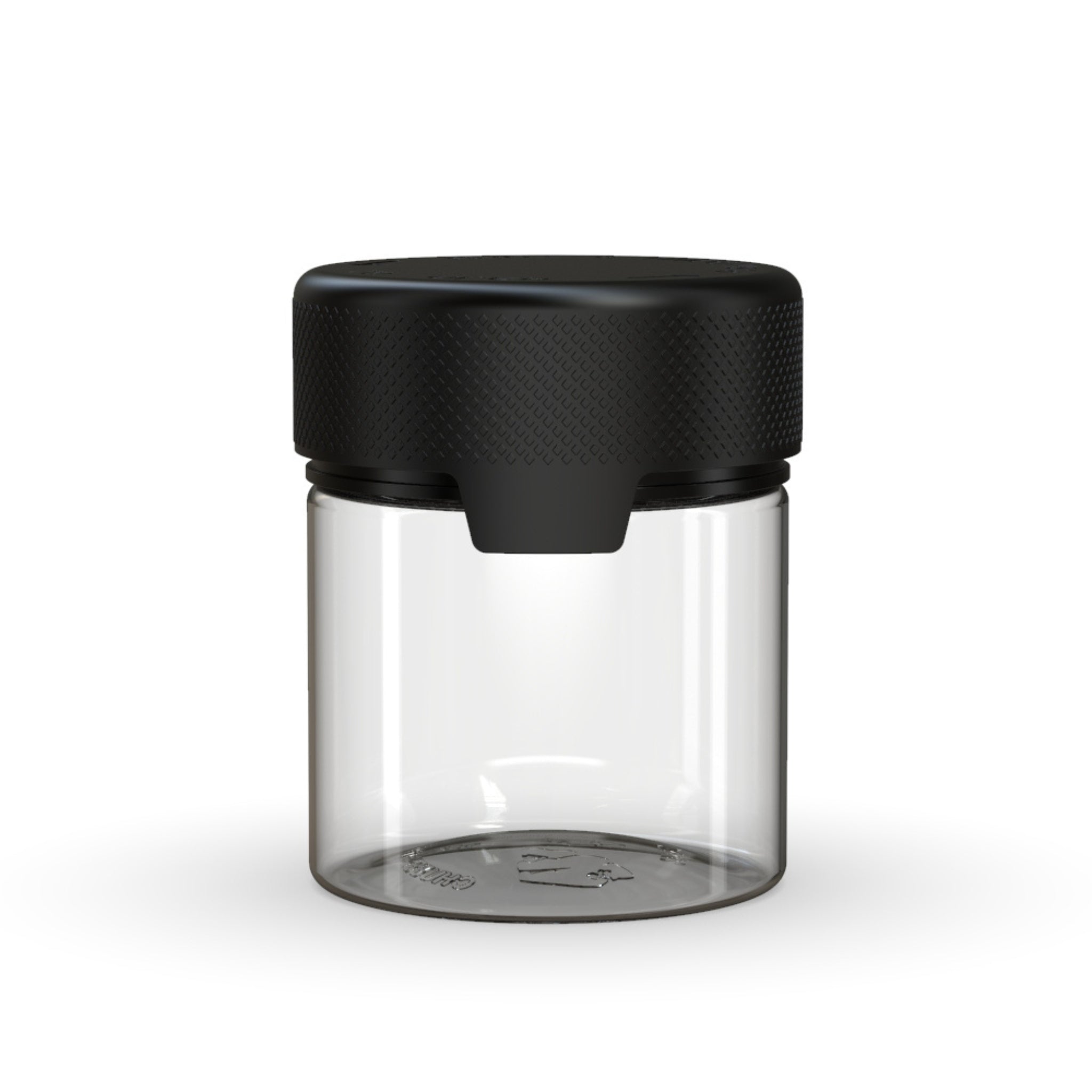 Front view render of a clear-on-black Chubby Gorilla Aviator 3oz flower jar, with an all-in-one smart cap.