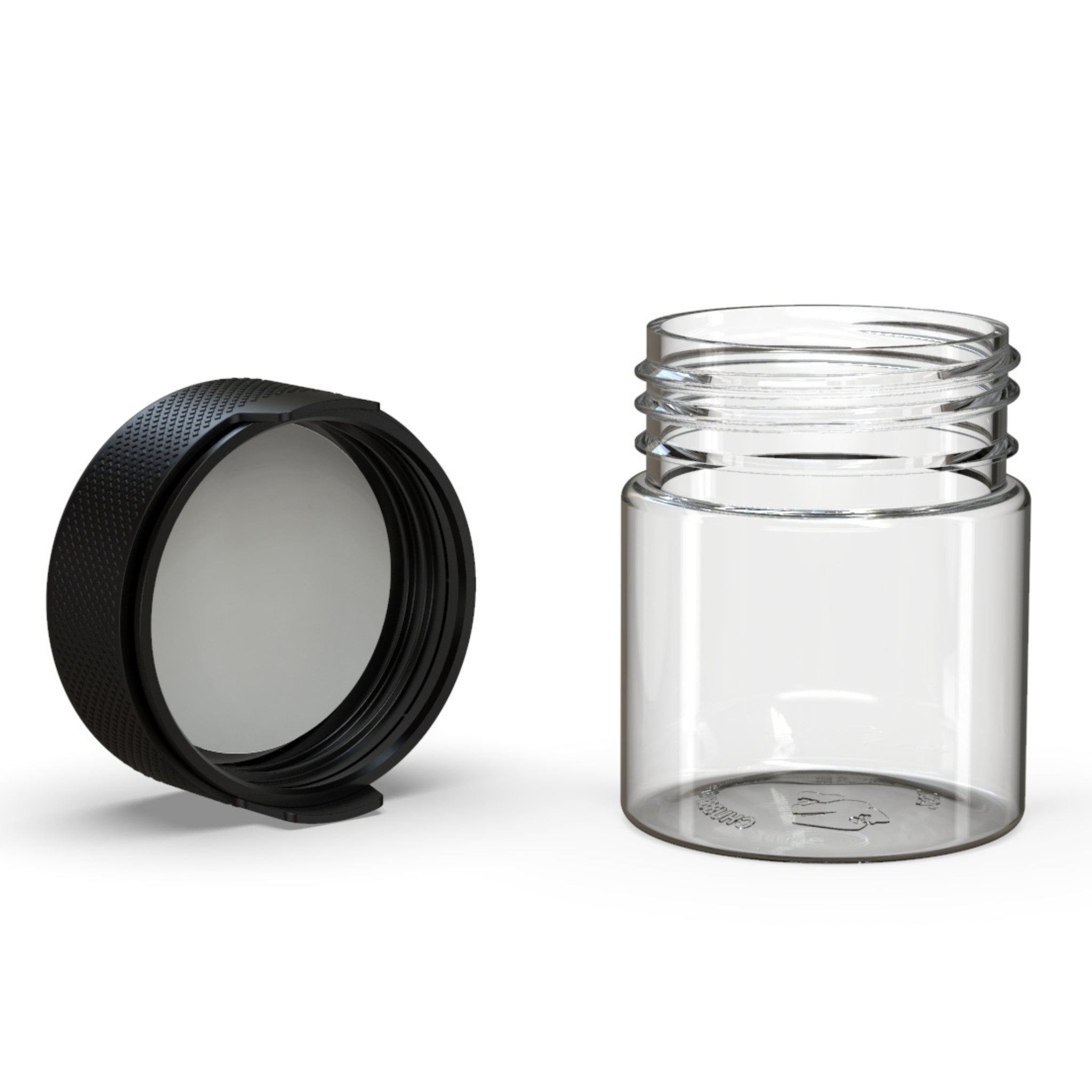 Front view render of a clear-on-black Chubby Gorilla Aviator 3oz flower jar. The jar's cap is off to the side at an angle, showing the gapless surface seal that locks in freshness and oder.