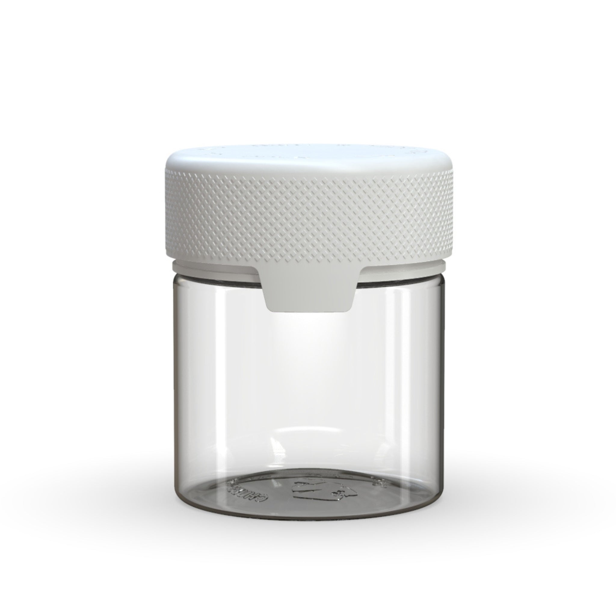 Front view render of a clear on white Chubby Gorilla Aviator 3oz flower jar, with an all-in-one smart cap.