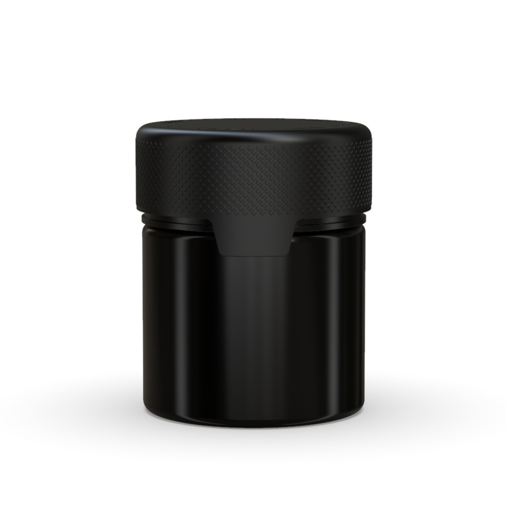 Front view render of a black Chubby Gorilla Aviator 3oz flower jar, with an all-in-one smart cap.