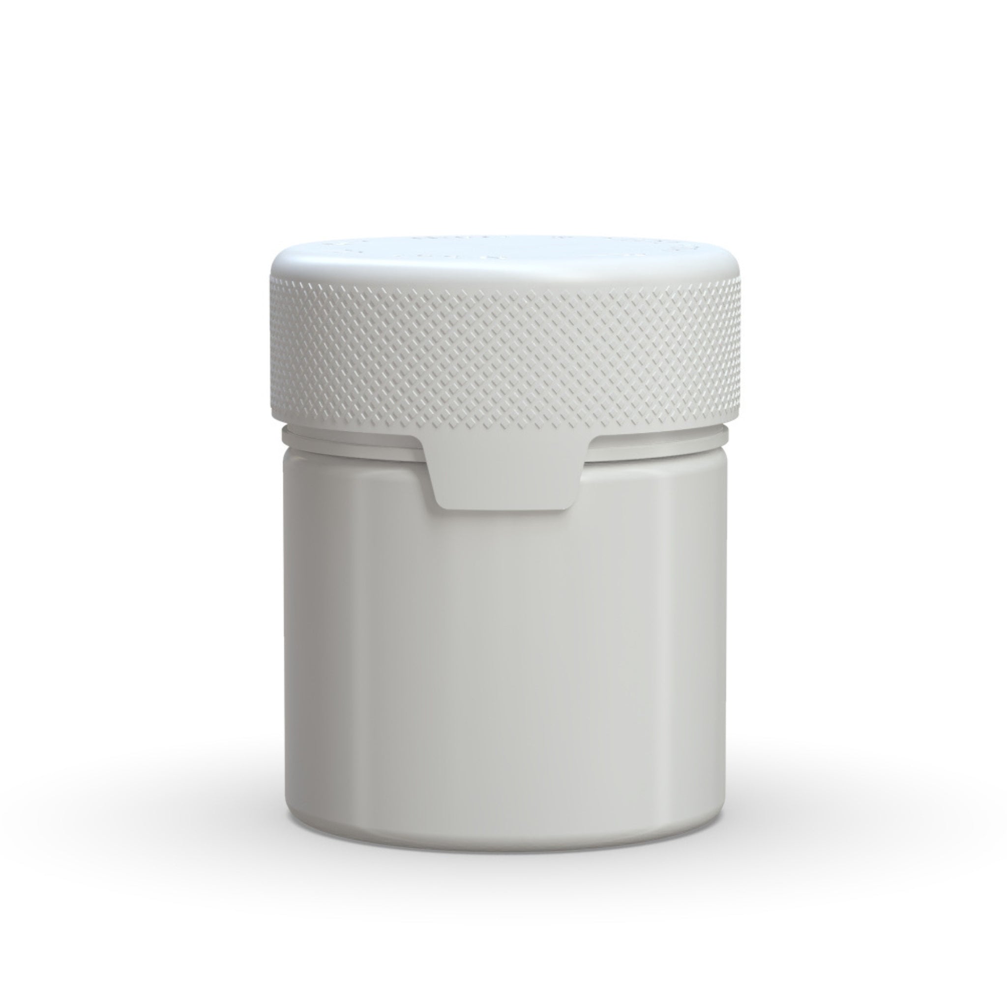 Front view render of a white Chubby Gorilla Aviator 3oz flower jar, with an all-in-one smart cap.