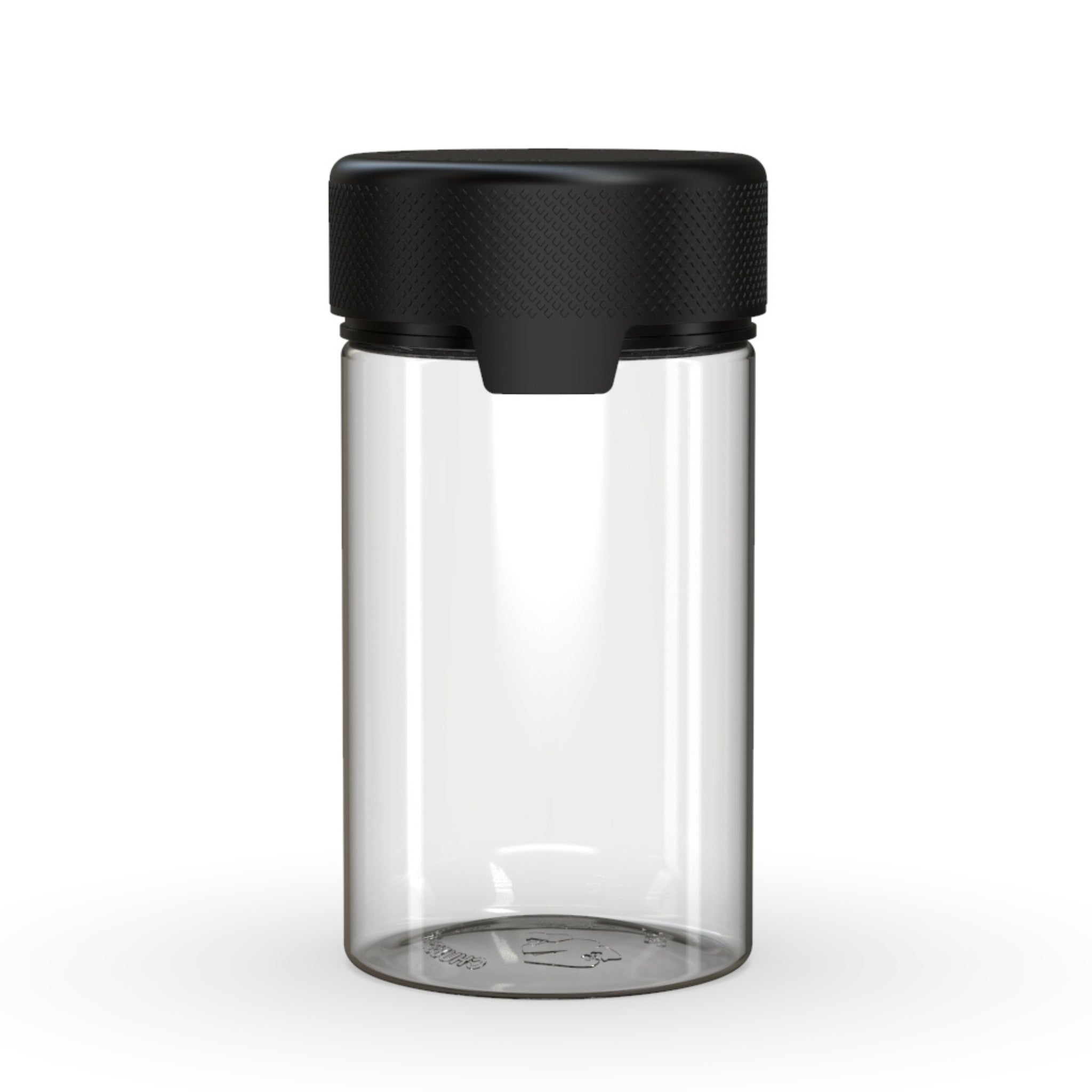 Front view render of a clear-on-black Chubby Gorilla aviator 5oz flower jar, with an all-in-one smart cap.