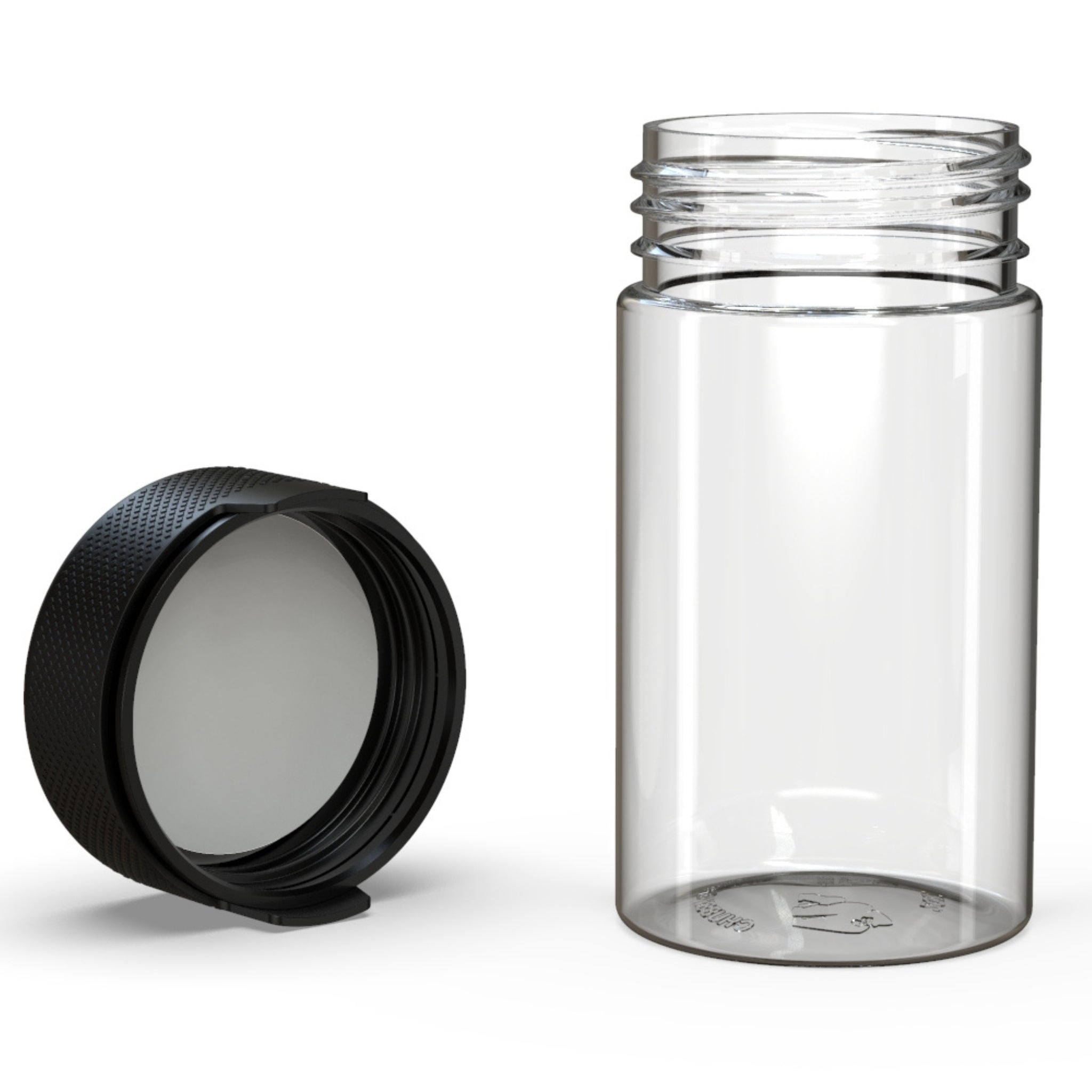 Front view render of a clear-on-black Chubby Gorilla Aviator 5oz flower jar. The jar's cap is off to the side at an angle, showing the gapless surface seal that locks in freshness and oder.