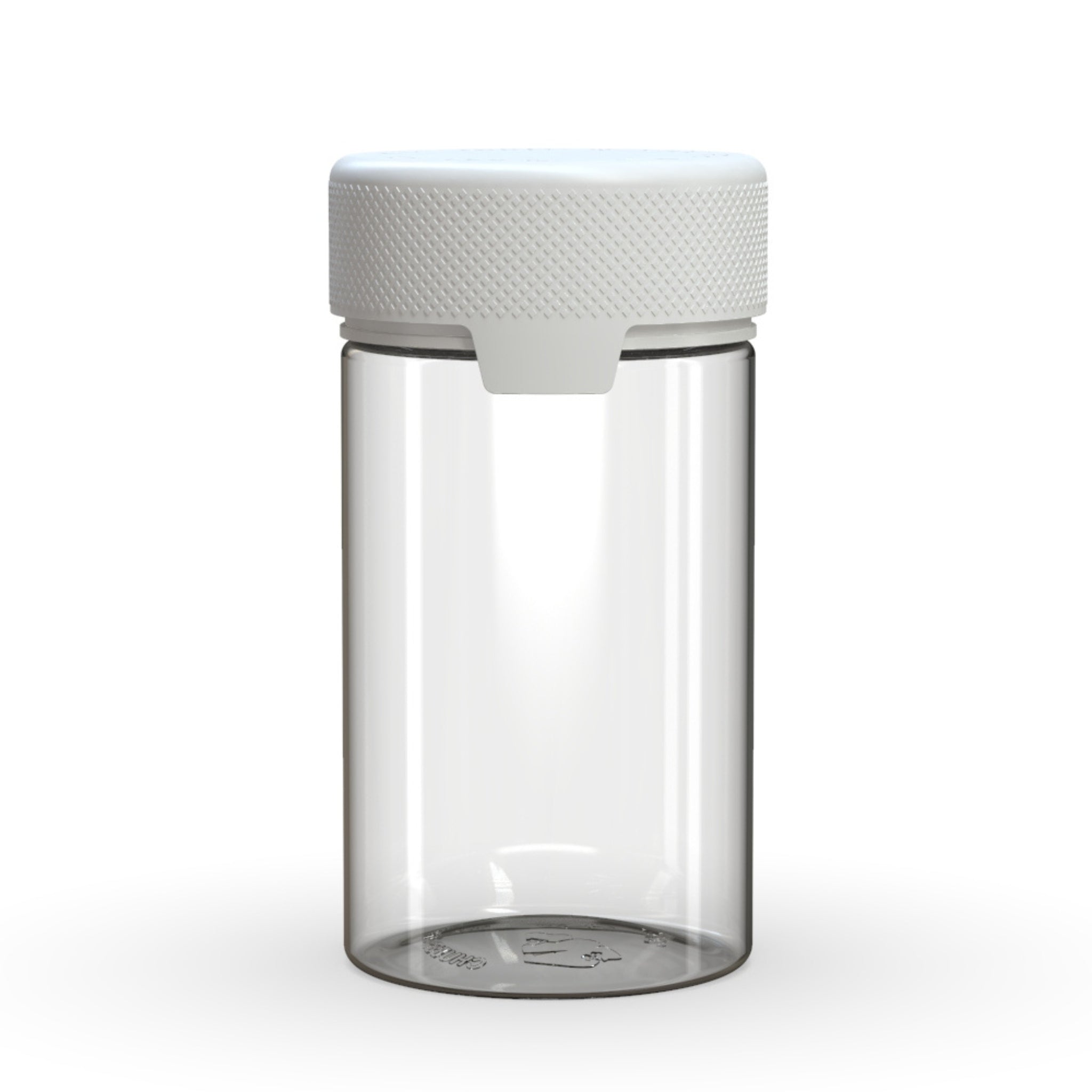 Front view render of a clear on white Chubby Gorilla Aviator 5oz flower jar, with an all-in-one smart cap.