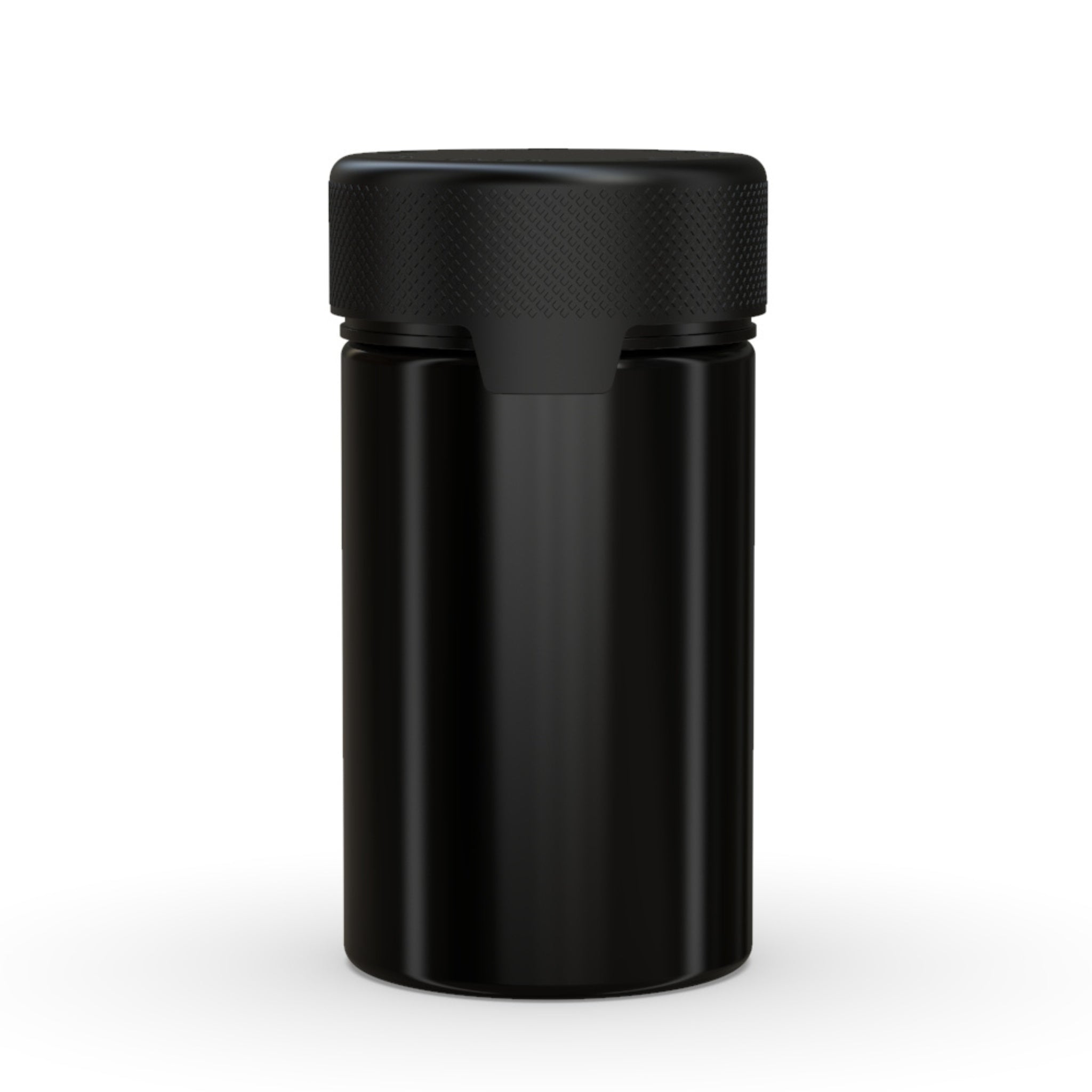 Front view render of a black Chubby Gorilla Aviator 5oz flower jar, with an all-in-one smart cap.