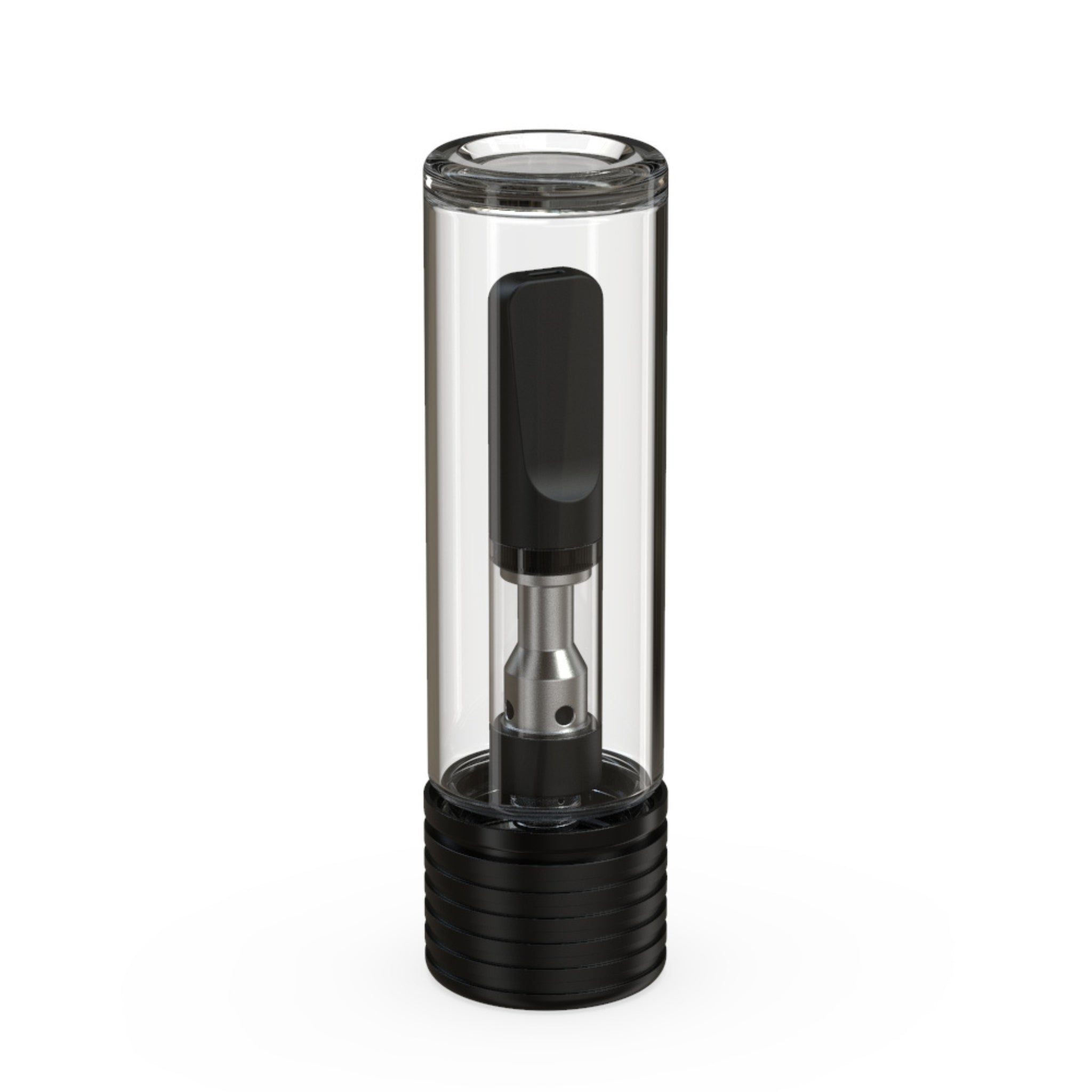 A render of the Chubby Gorilla Spiral 65mm 510-Thread Flat Vape Tube, featuring a transparent body with a secure black cap, designed to hold and protect vape cartridges.