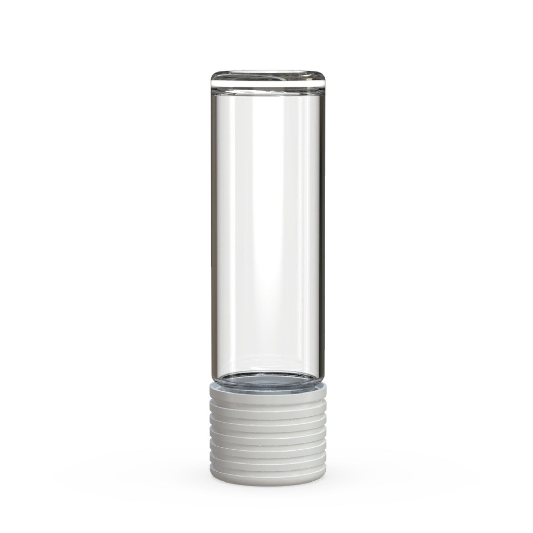 A render of the Chubby Gorilla Spiral 65mm 510-Thread Flat Vape Tube, featuring a transparent body with a secure white cap, designed to hold and protect vape cartridges.