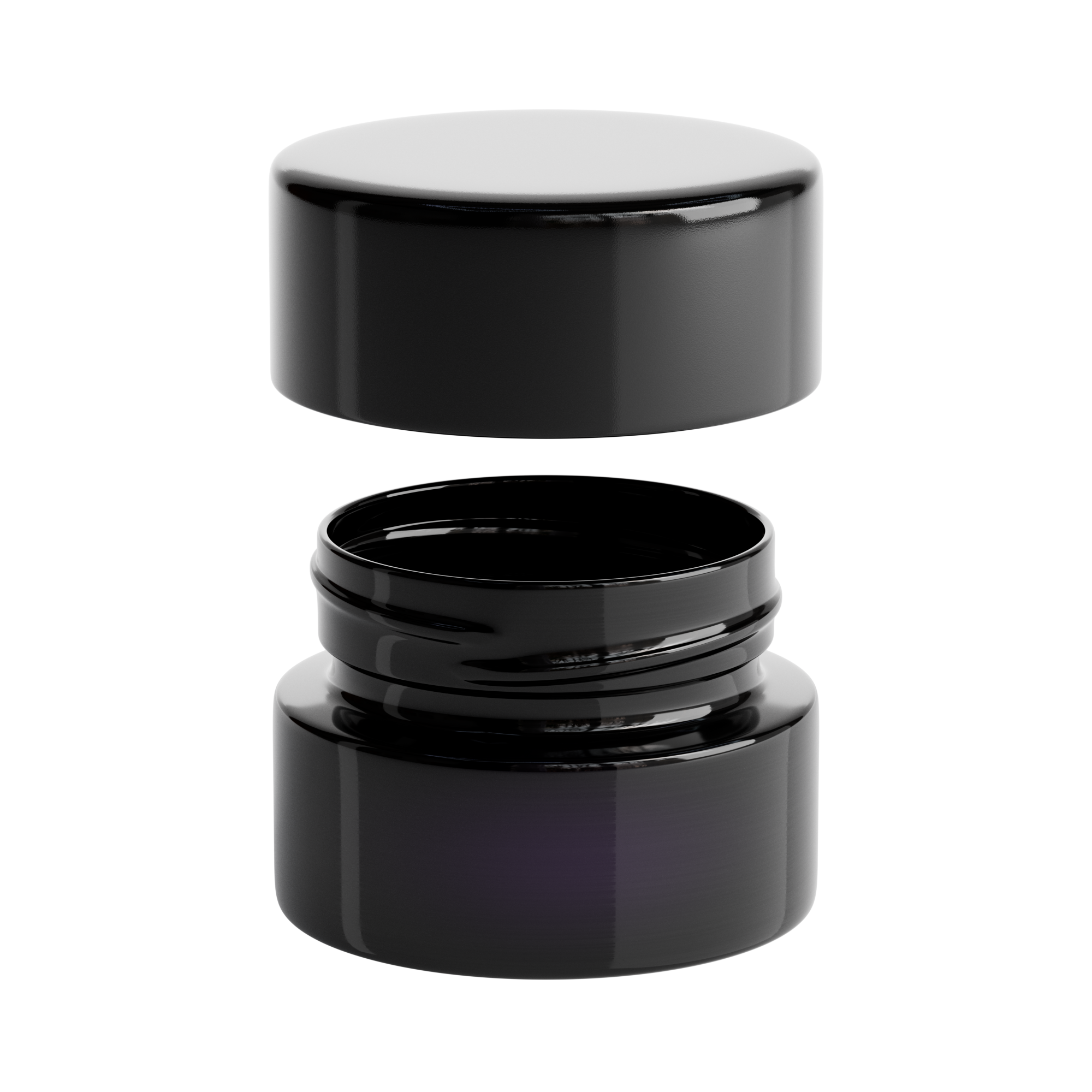 Miron Violet Glass 5ml non-Child Resistant Concentrate Jar with a black, glossy finish. The jar is shown with the cap slightly raised above the threaded neck, showing its non-child-resistant design.