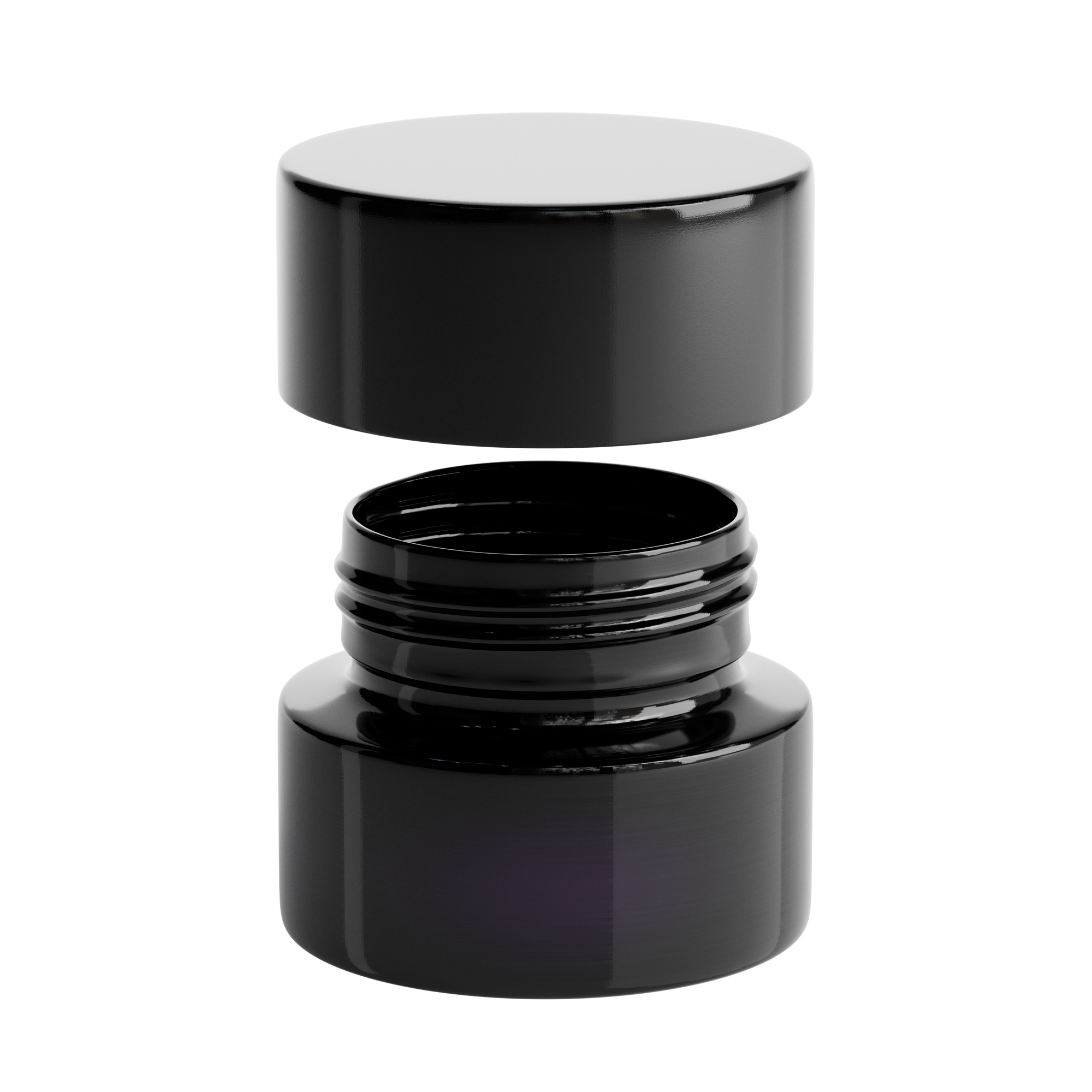 Miron Violet Glass 5ml Child Resistant Concentrate Jar with a black, glossy finish. The jar is shown with the cap slightly raised above the threaded neck, highlighting its secure, child-resistant design.