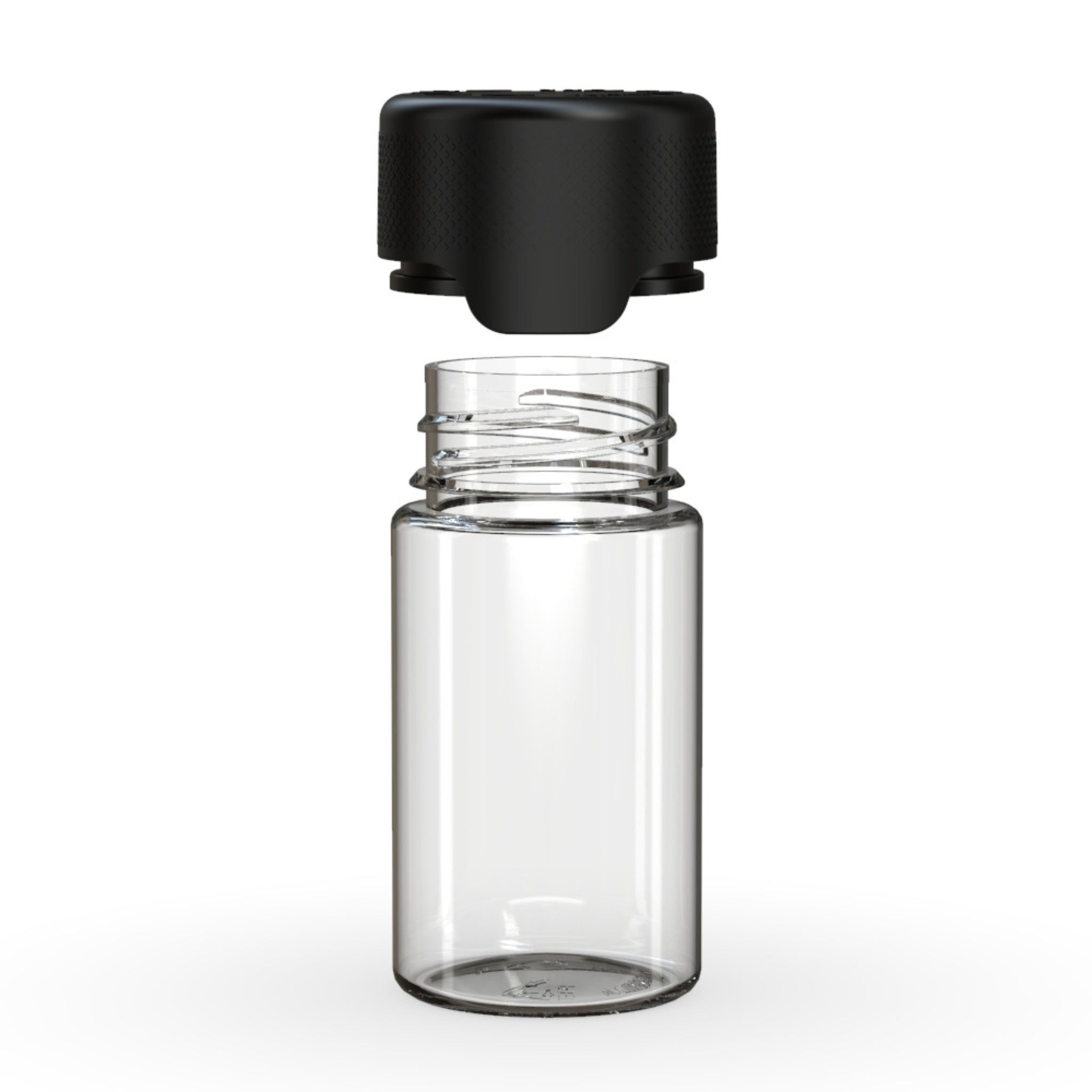 A rendering of the Chubby Gorilla Aviator Mini 60mL Multi-Pack Pre-Roll transparent Jar with its black child-resistant cap shown above the open jar, highlighting the twist-lock mechanism.