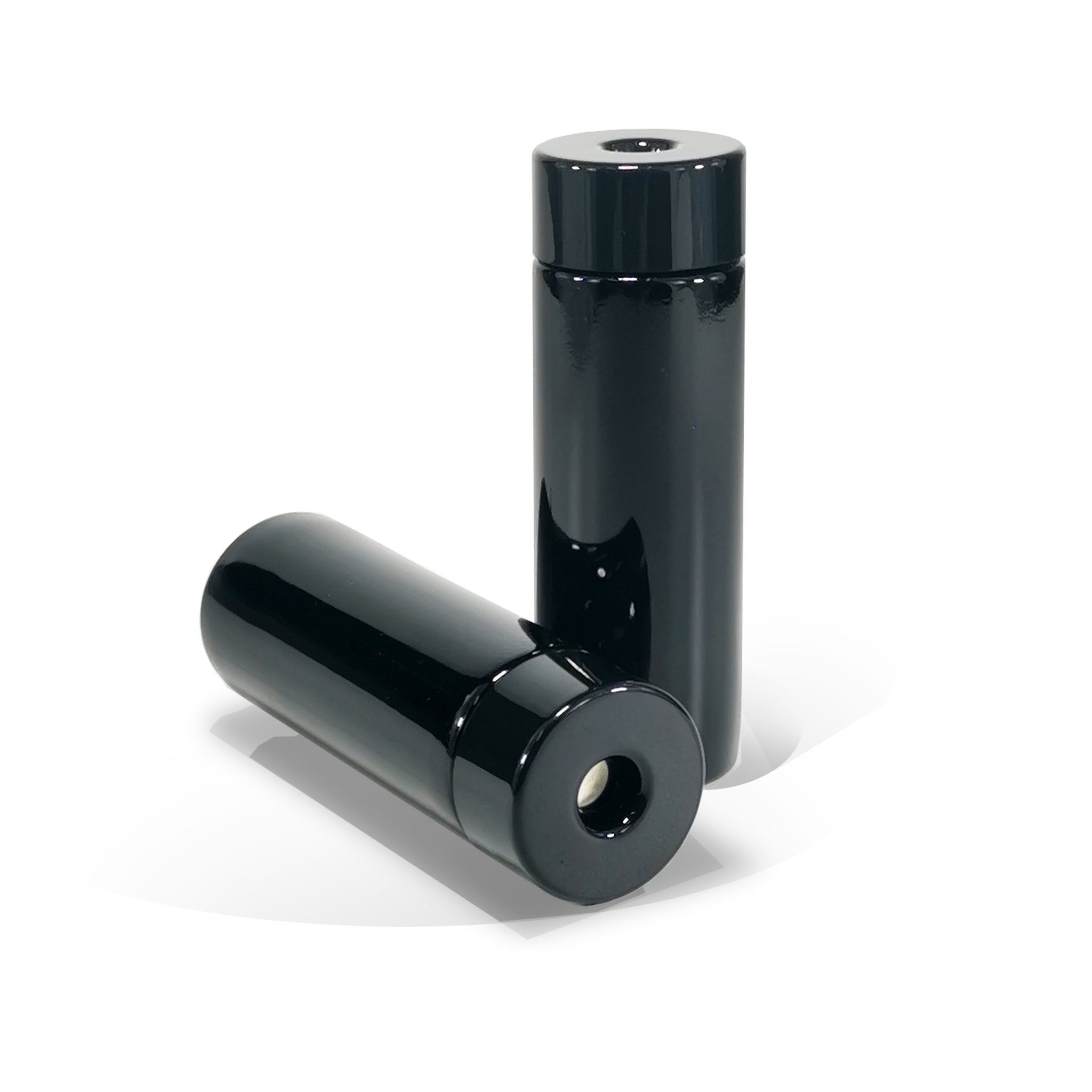 A render showing 2 black on black Pop Vac 3 pack 65ml pre-roll joint tubes - one on its side showing the top view and one standing right side up