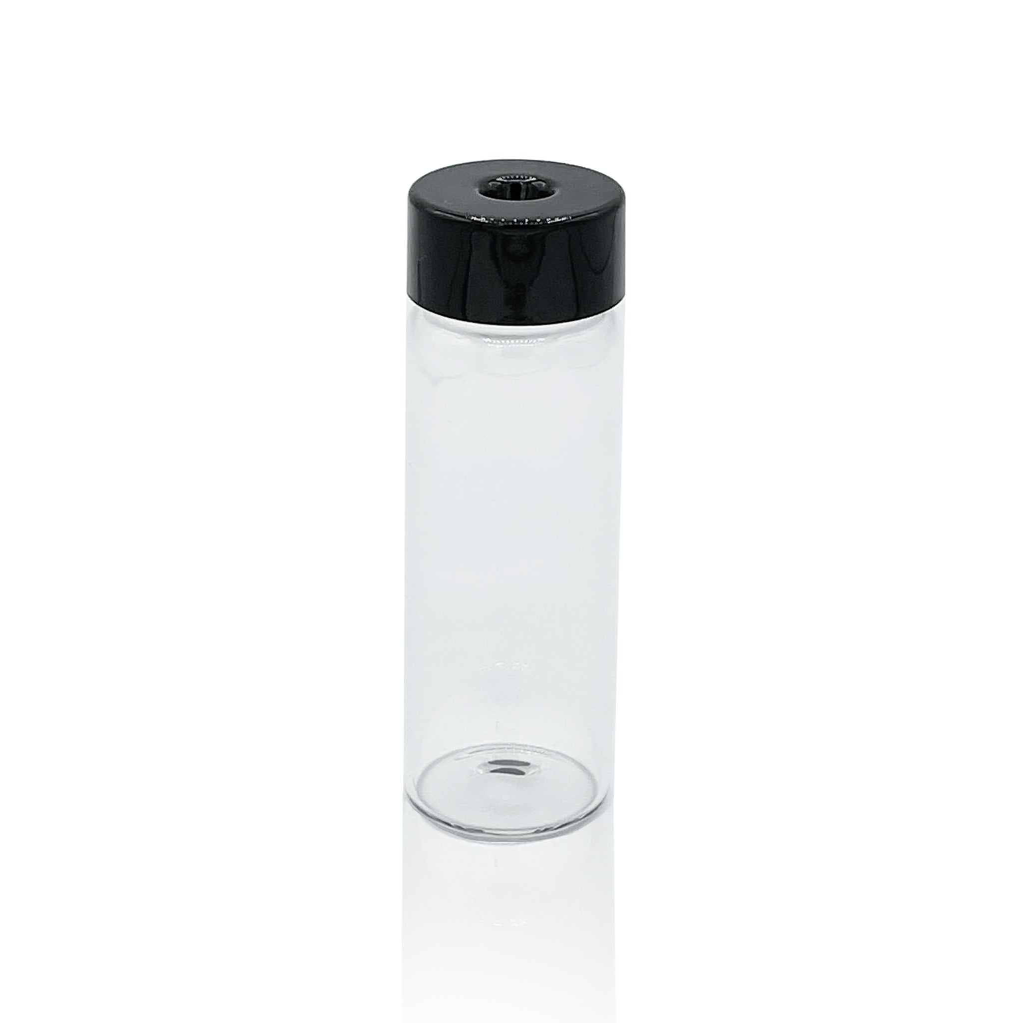 A render showing the front view of a clear on black Pop Vac 3 pack 65ml pre-roll joint tube