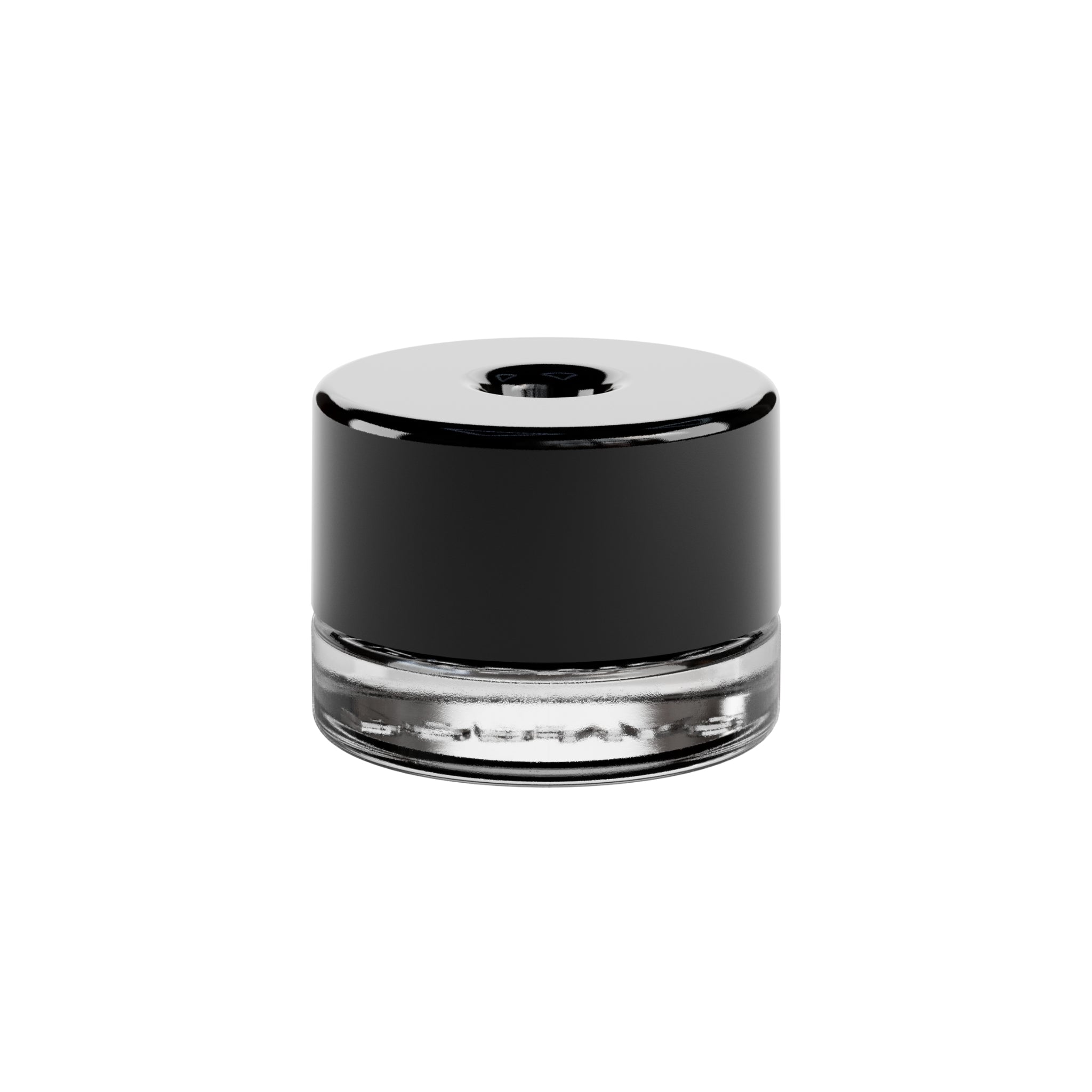 A render of the front view of a black on clear 4ml Pop Vac Jar made for concentrates standing right side up