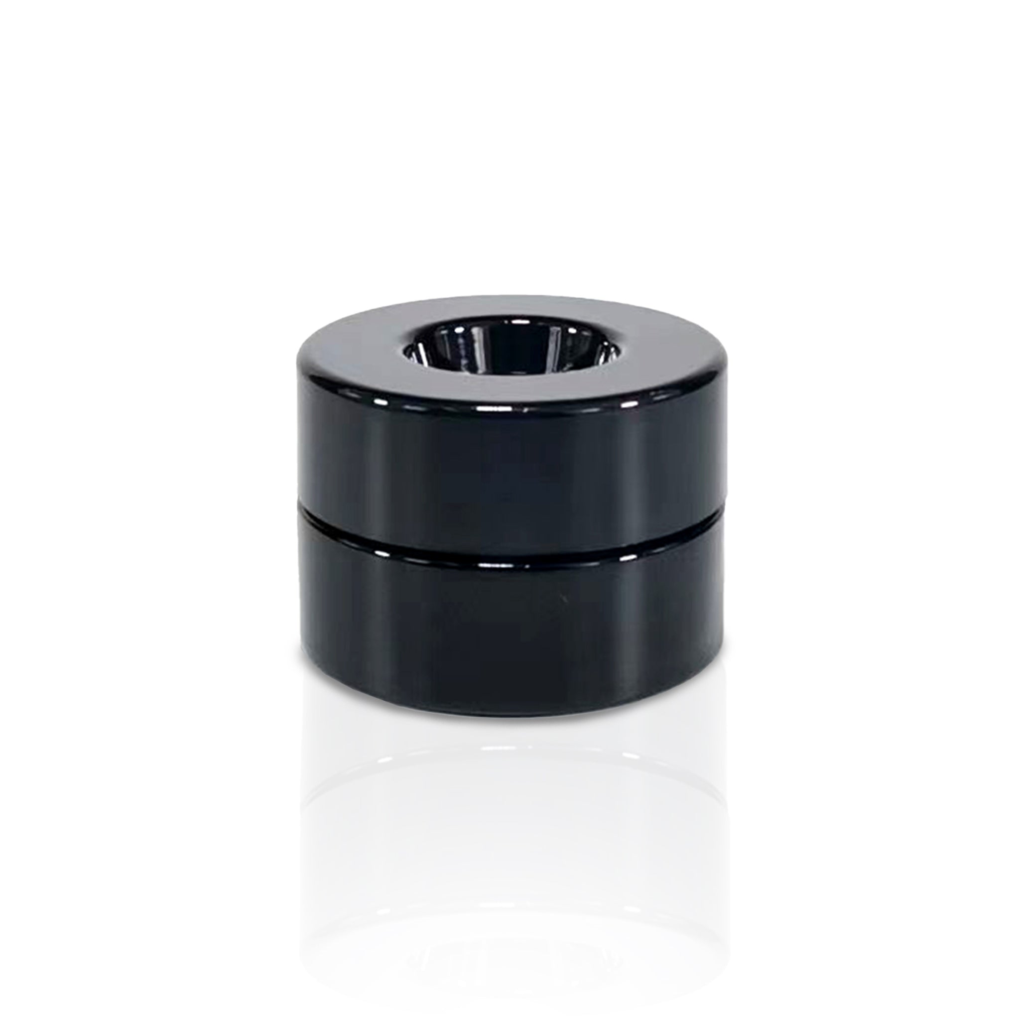 A render showing the front view of a black on black Pop Vac 100ml eighth ounce flower jar