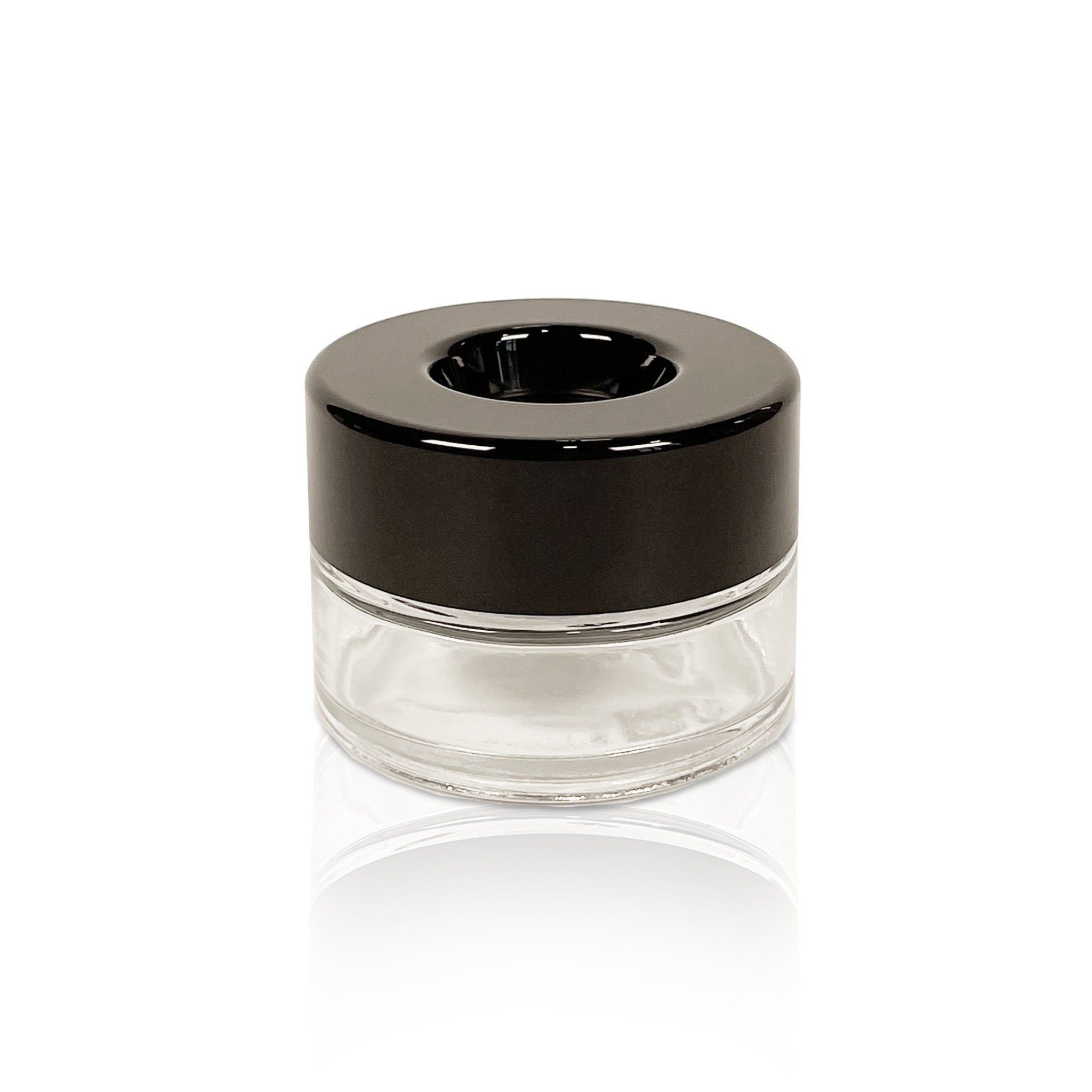 A render showing the front view of a black on clear Pop Vac 100ml eighth ounce flower jar