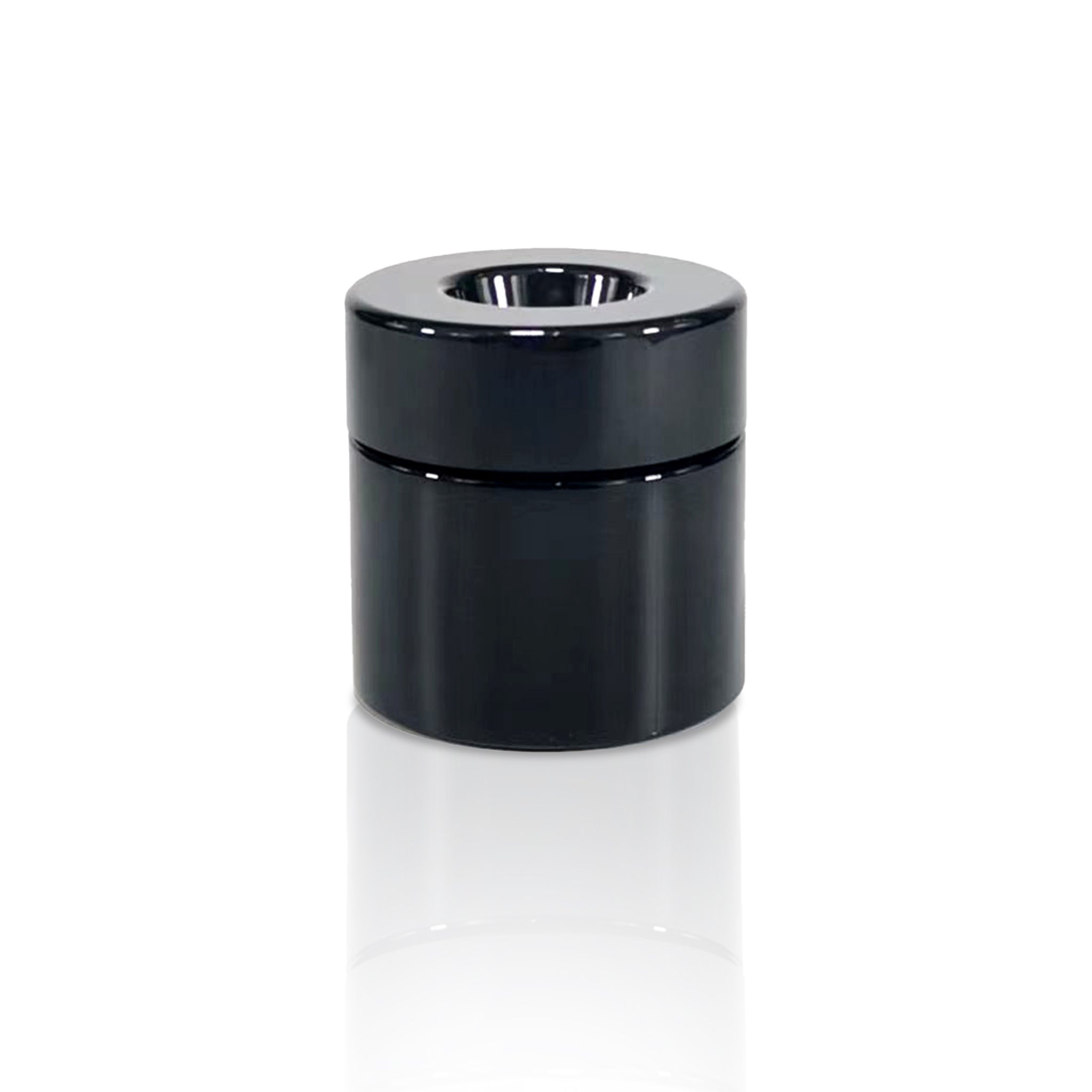 A render showing the front view of a black on black Pop Vac 130ml quarter ounce flower jar