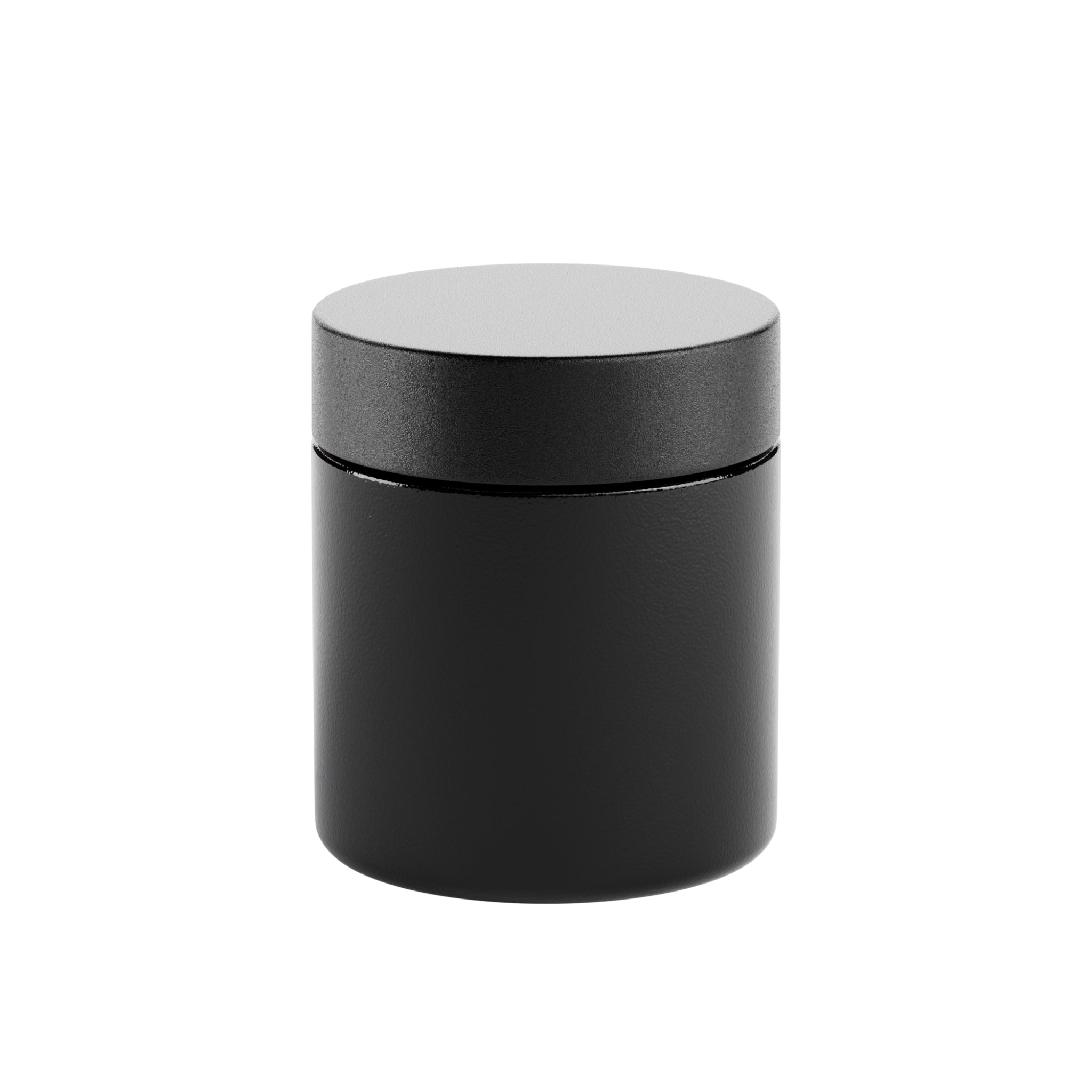 A render of a black Vert Premium 3oz Glass Flower Jar with a black child resistant lid fastened and standing upright