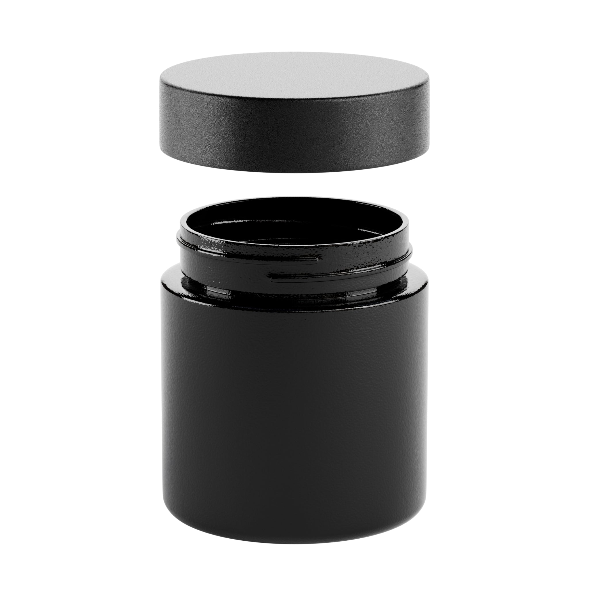 A render of a black Vert Premium 3oz Glass Flower Jar with a black child resistant lid raised slightly above the jar